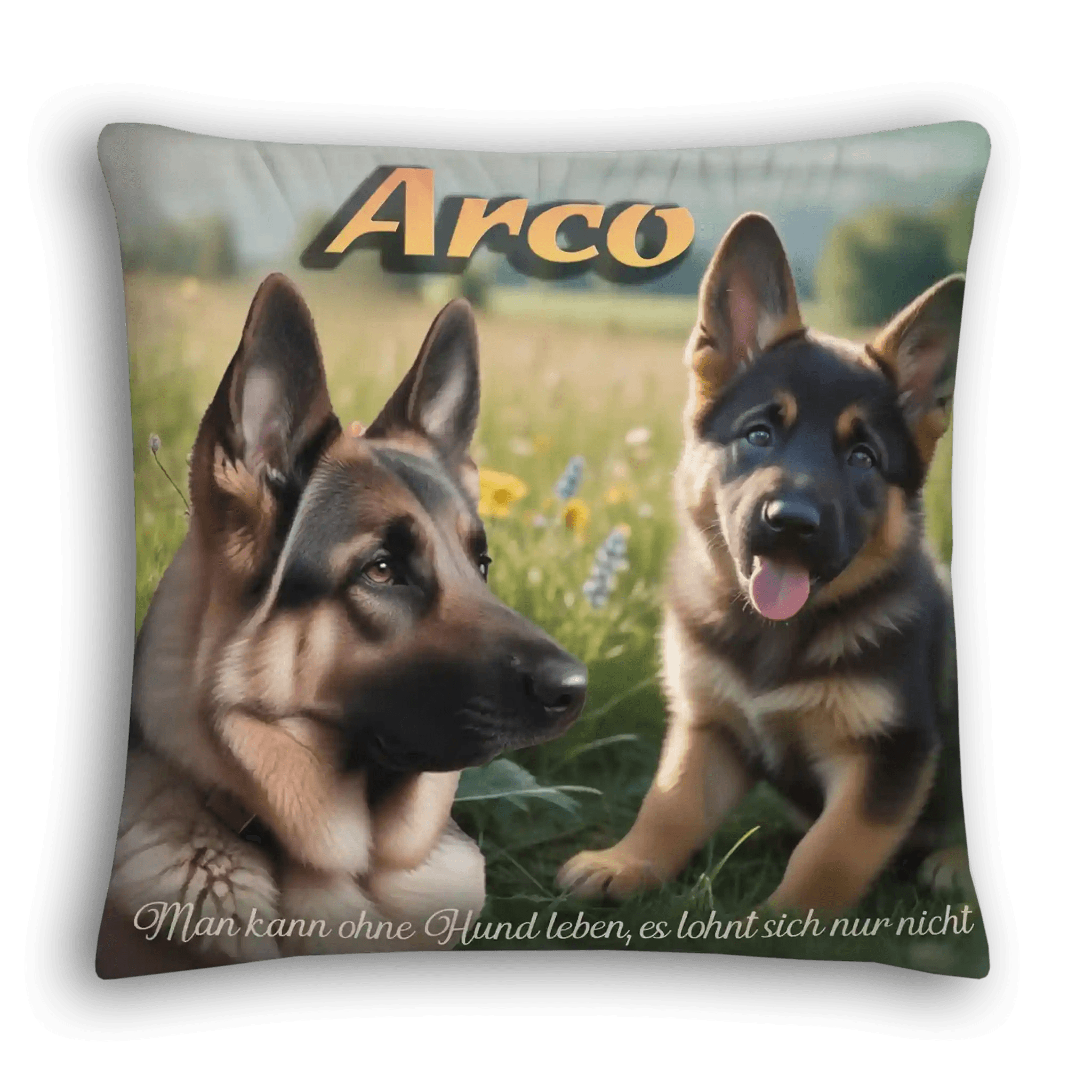 Kissen mit Schäferhund-Motiven, Blumenwiese, Name Arco, Spruch über Hundeliebe