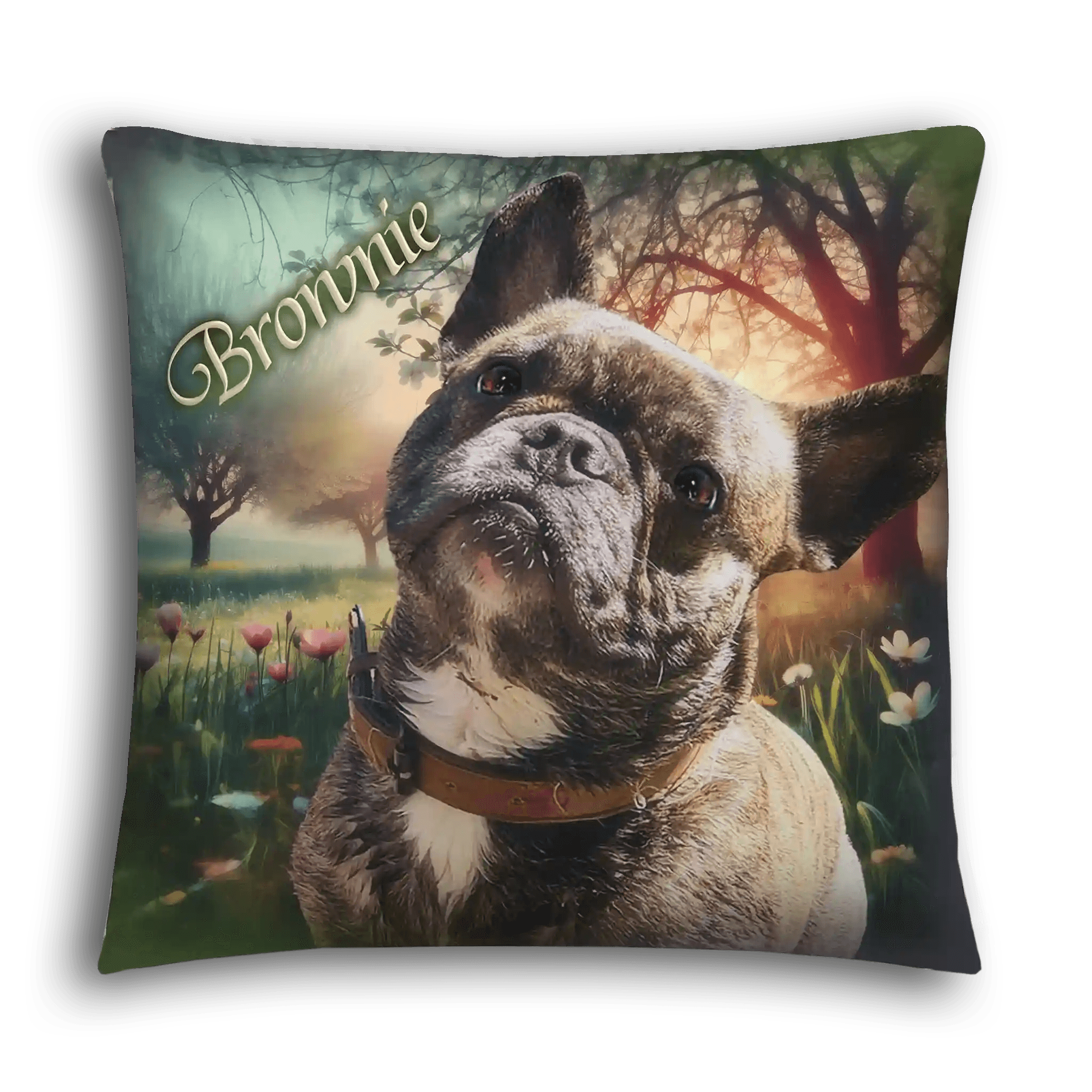 Kissen mit Bild einer braunen französischen Bulldogge im Wald, Name Brownie, Haustier Geschenk