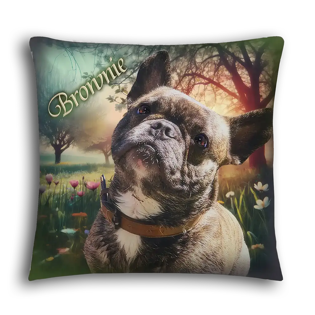 Kissen mit Bild einer braunen französischen Bulldogge im Wald, Name Brownie, Haustier Geschenk