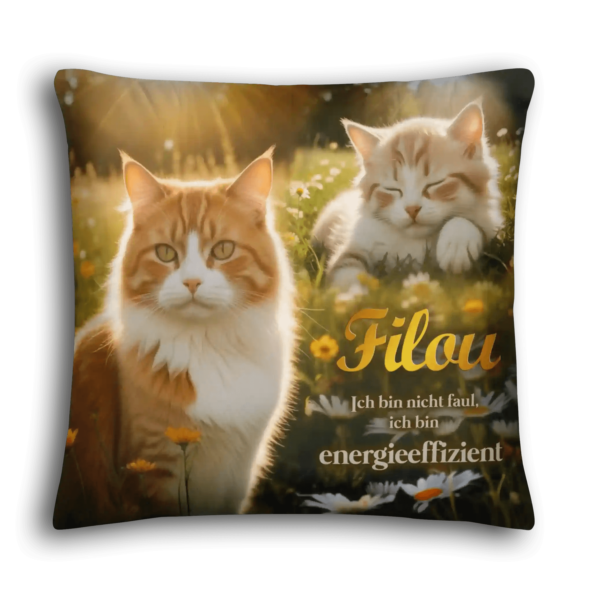 Kissen mit zwei rot-weißen Katzen auf einer Blumenwiese, Text Filou, energiesparend, dekorativ