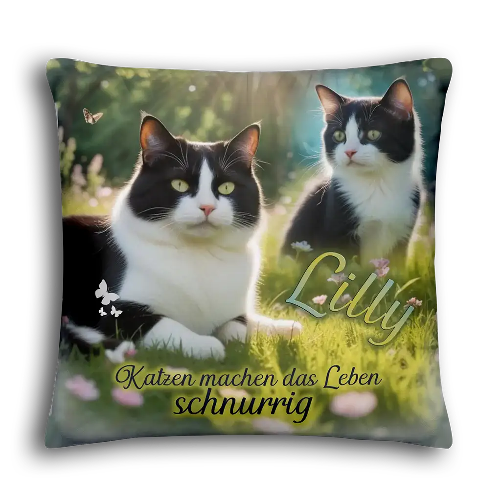 Kissen mit zwei schwarz-weißen Katzen im Garten, Text: Lilly, Katzen machen das Leben schnurrig
