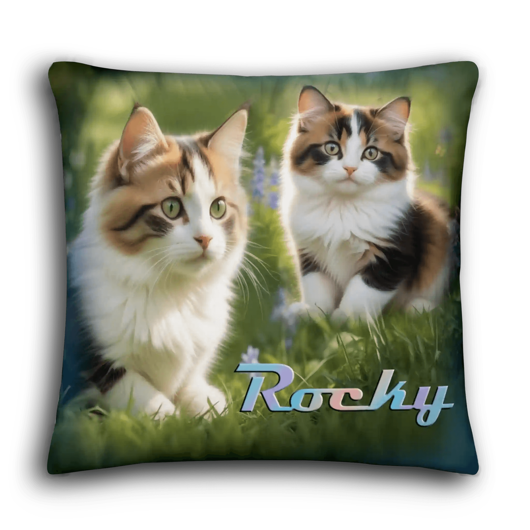 Zierkissen mit zwei Katzen im Gras und Name Rocky, Haustier Geschenk Idee