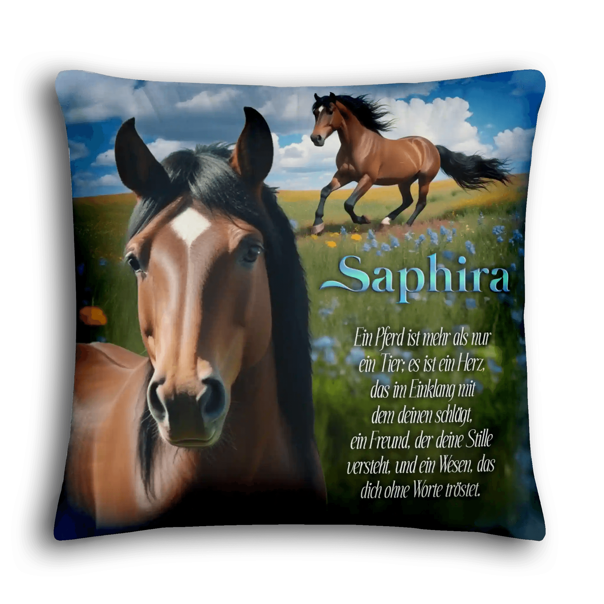 Kissen mit Pferde-Motiv, Name Saphira, Blumenwiese, Himmel und Spruch in deutscher Sprache