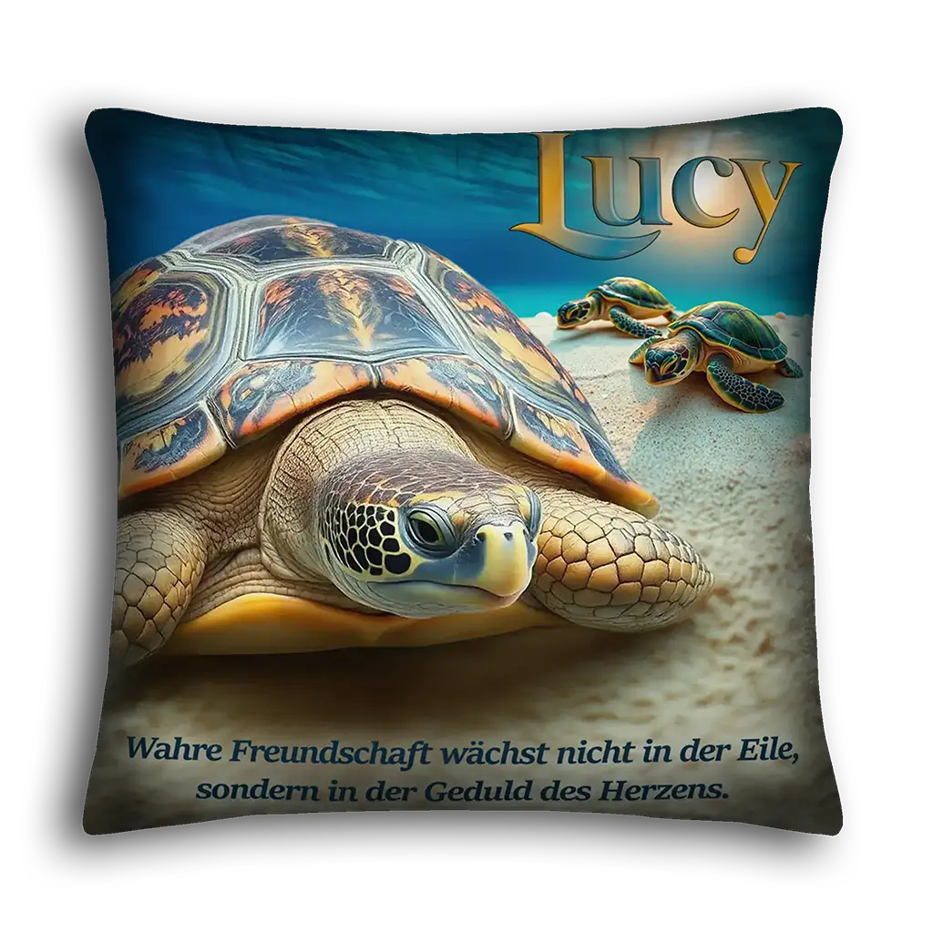 Kissen mit Meeresschildkröte am Strand, Name Lucy, Spruch zur Freundschaft, Haustier-Dekokissen