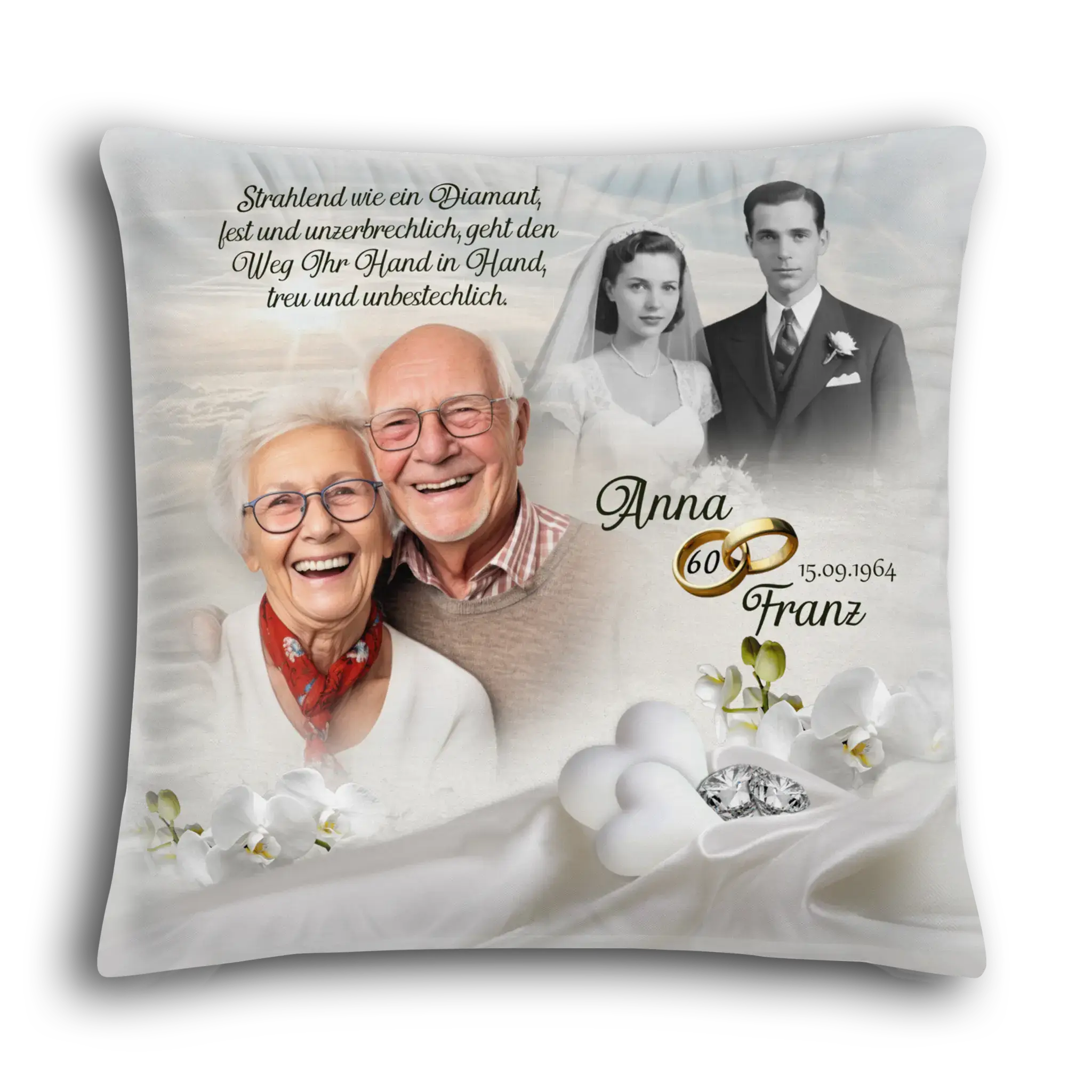 Personalisierte Kissen zur Diamantenen Hochzeit mit älterem Paar, Hochzeitsfoto, Ringen und Blumen.