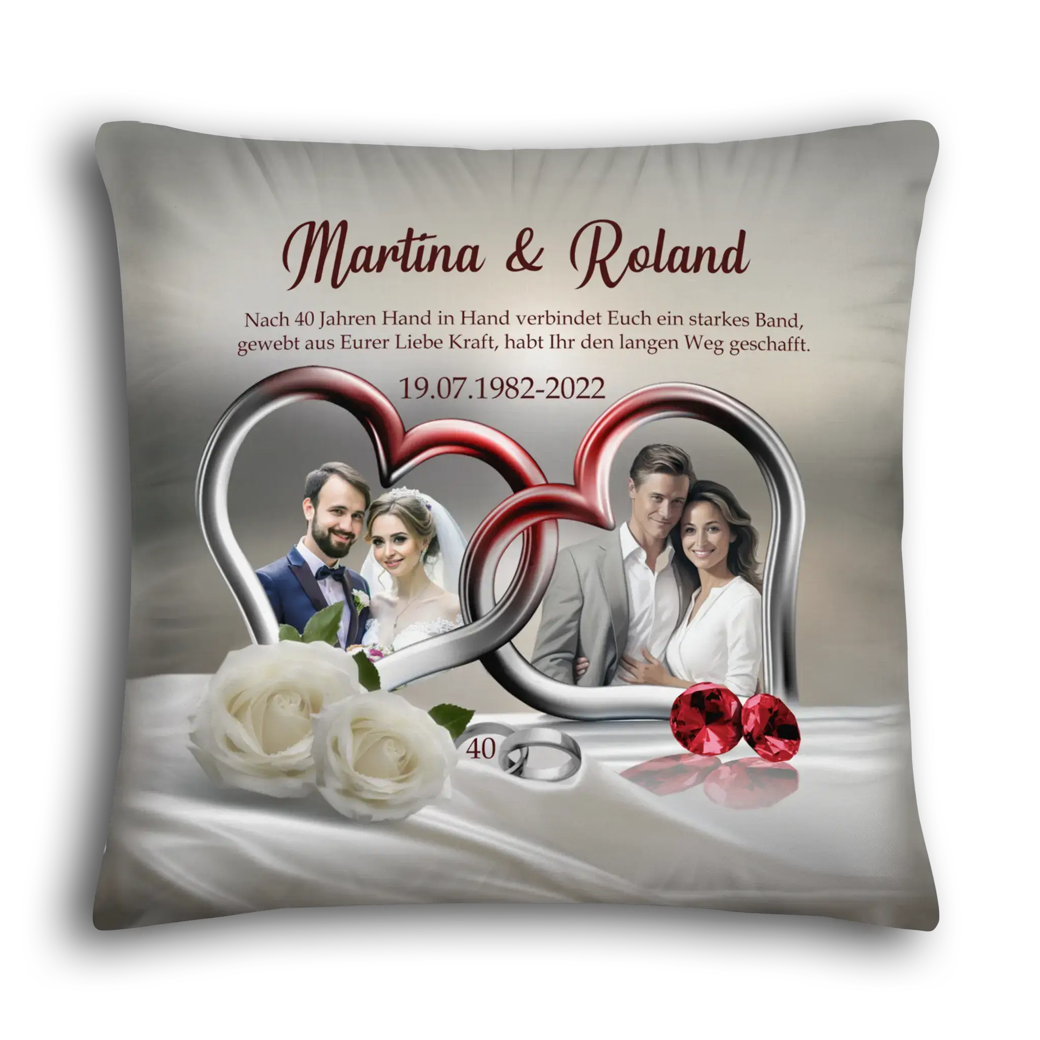 Personalisiertes Kissen Hochzeitstag mit Namen, Hochzeitsfoto, Rosen, Ringen, Rubinen