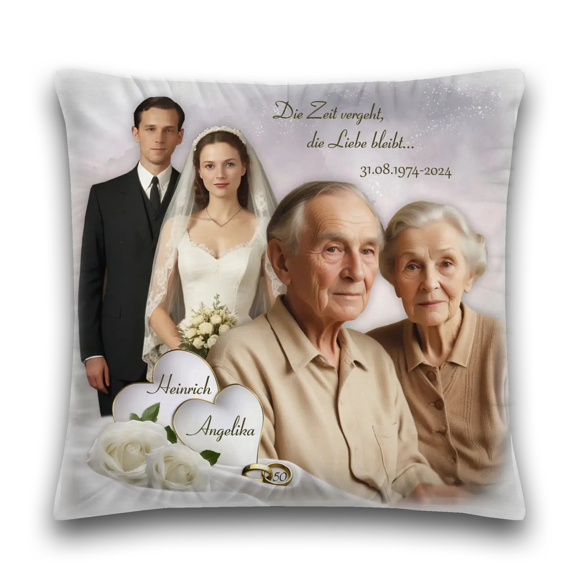 Kissen mit Hochzeitsfoto, älterem Ehepaar, goldener 50 Jahre Ehering und weißen Rosen