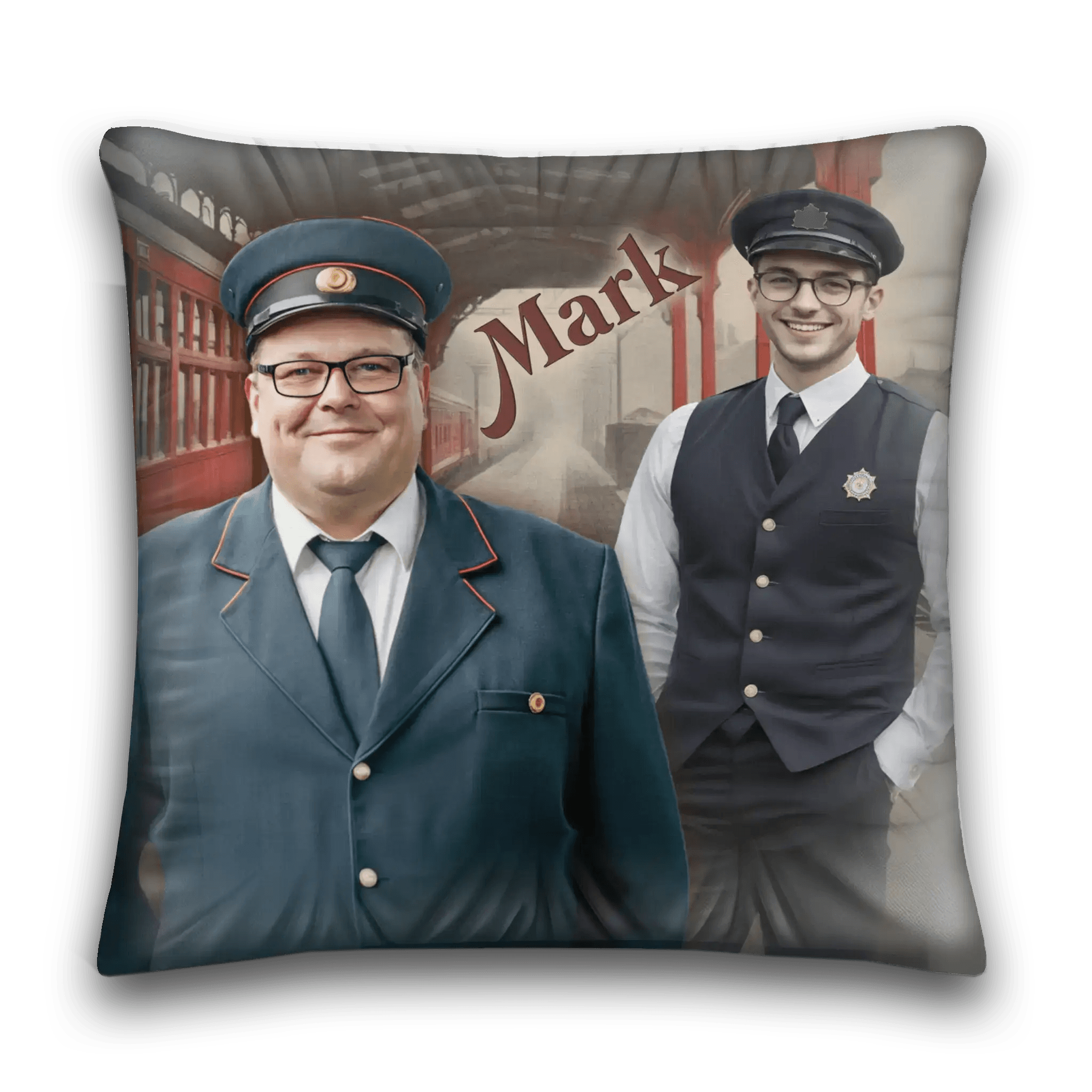 Zierkissen mit Eisenbahner-Motiv, zwei Uniformträger am Bahnhof, Name Mark, Deko Kissen