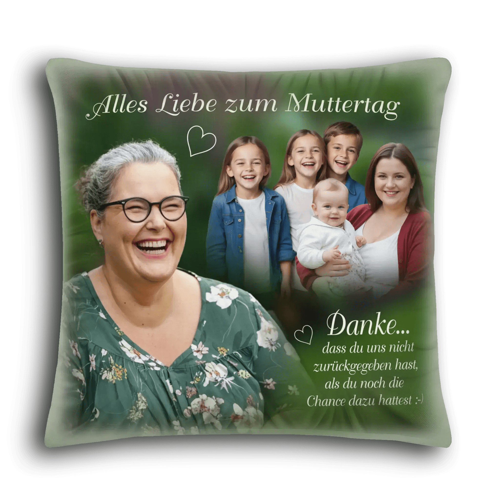 Kissen mit Muttertagsmotiv, lachende Frau, Familienfoto, Herz, Spruch auf grünem Hintergrund