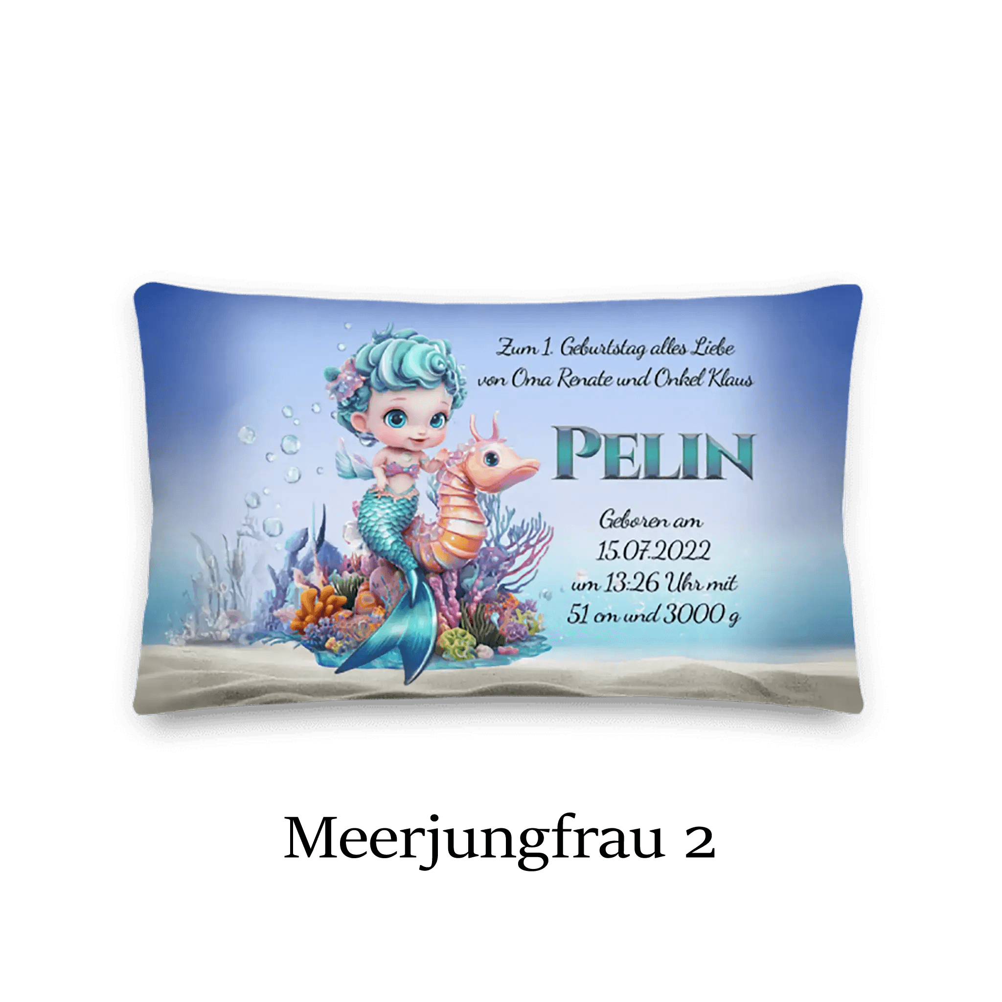 Personalisierbares Kissen mit Meerjungfrau, Seepferdchen und Unterwasserwelt für Kinder