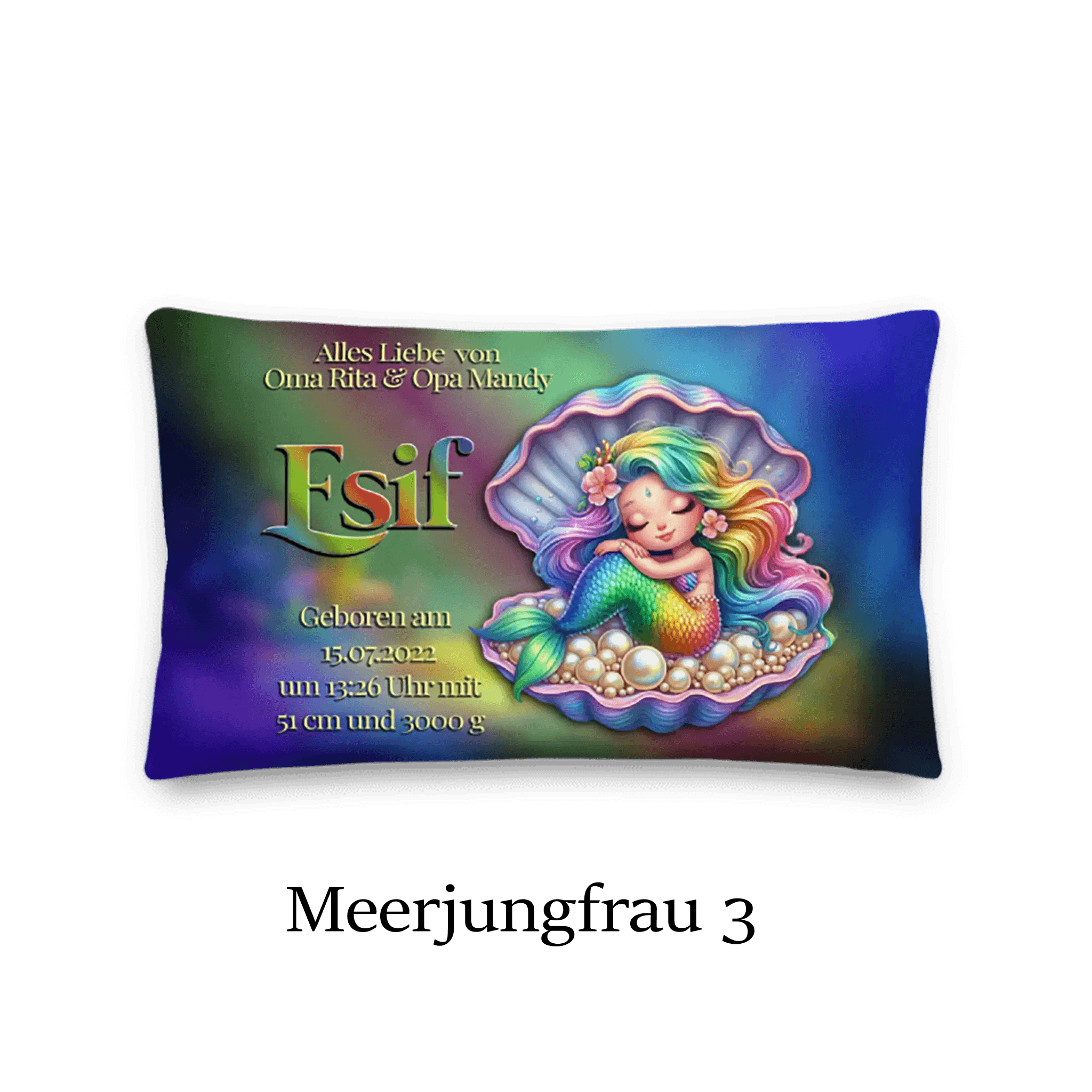Buntes Kissen mit Meerjungfrau-Motiv, Name, Geburtsdaten und Muschel, personalisiertes Geschenk