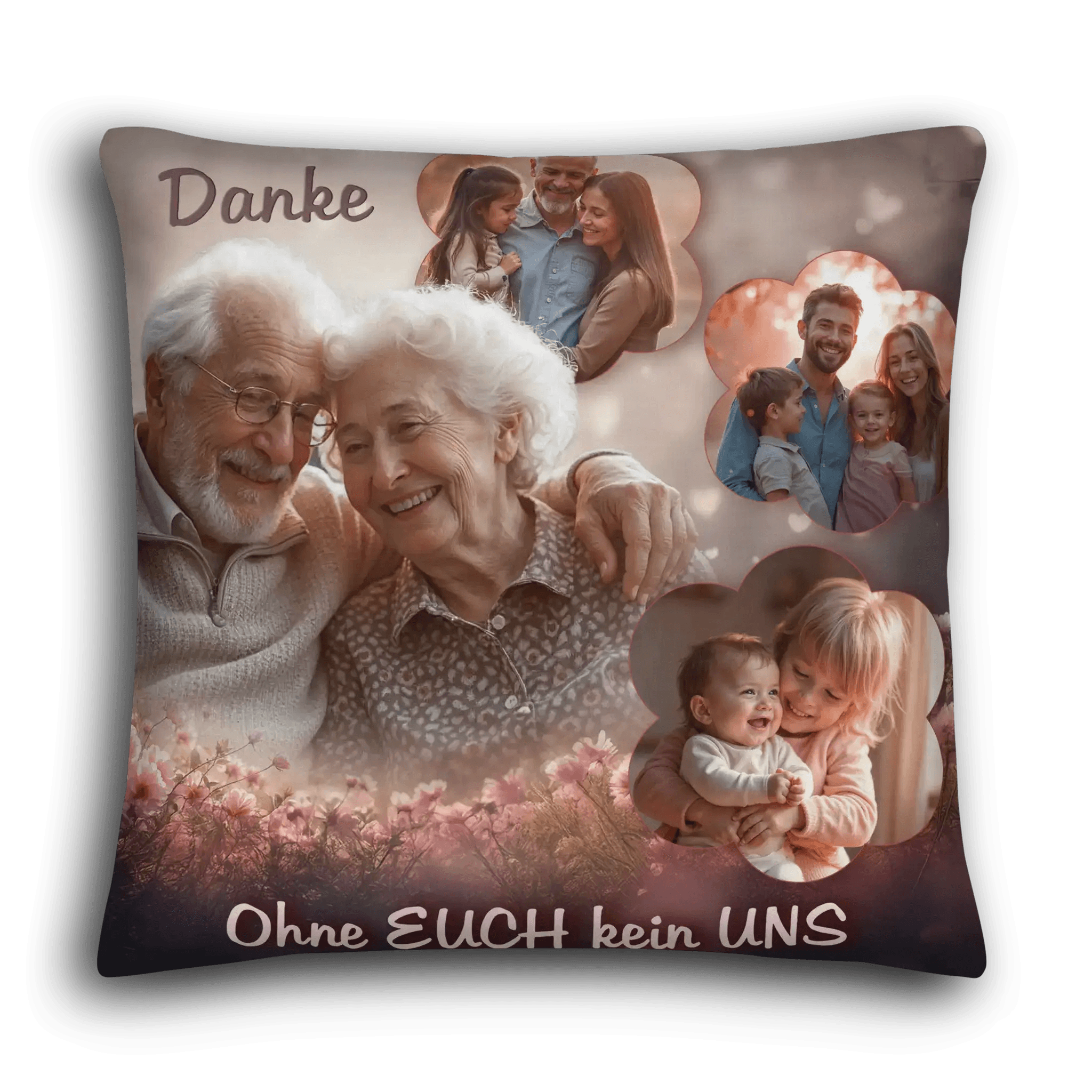 Kissen mit Foto-Collage Großeltern, Familienfotos, Text Danke, Ohne EUCH kein UNS, Geschenkidee
