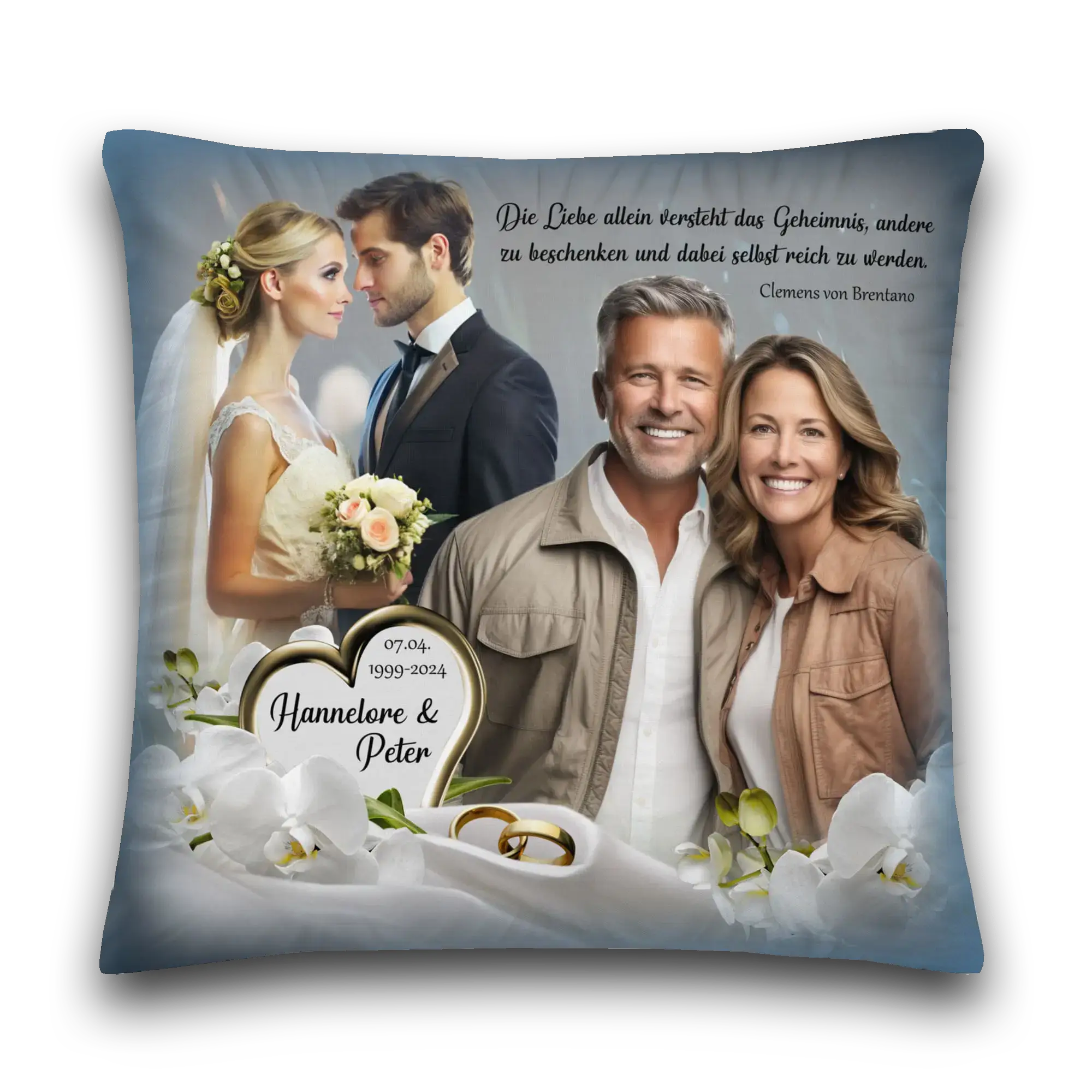 Kissen zur Silberhochzeit mit Paar, Hochzeitsfoto, Herzen, Ringen und weißen Blumen, personalisiert mit Namen Hannelore & Peter