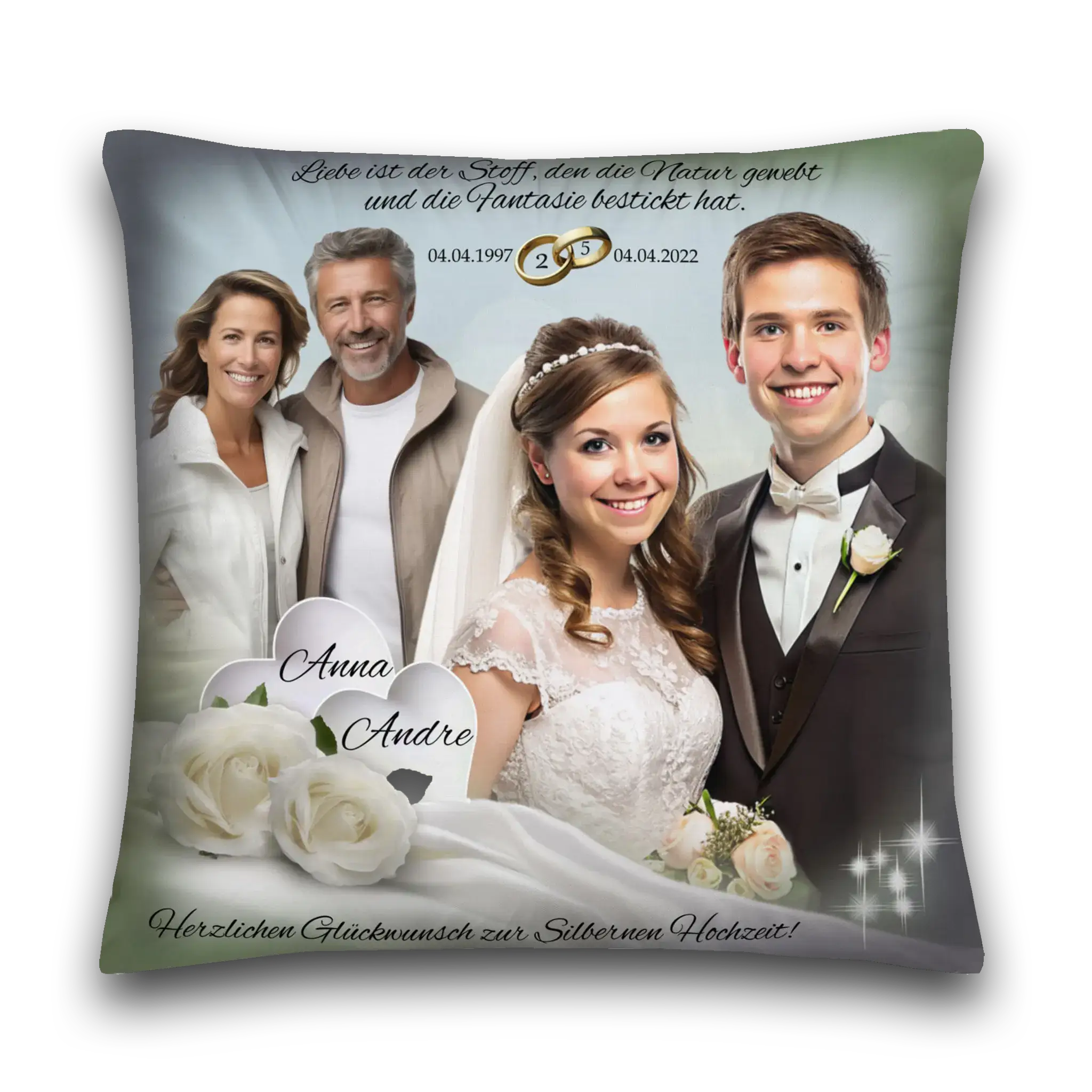 Kissen Silberhochzeit mit Foto von Brautpaar, älterem Paar, weißen Rosen und Glückwunschtext