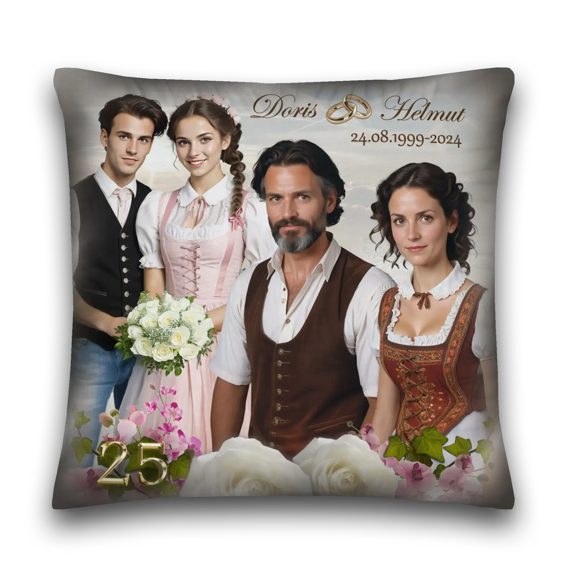 Kissen zur Silberhochzeit mit vier Personen in Tracht, Blumenstrauß und Goldzahl 25