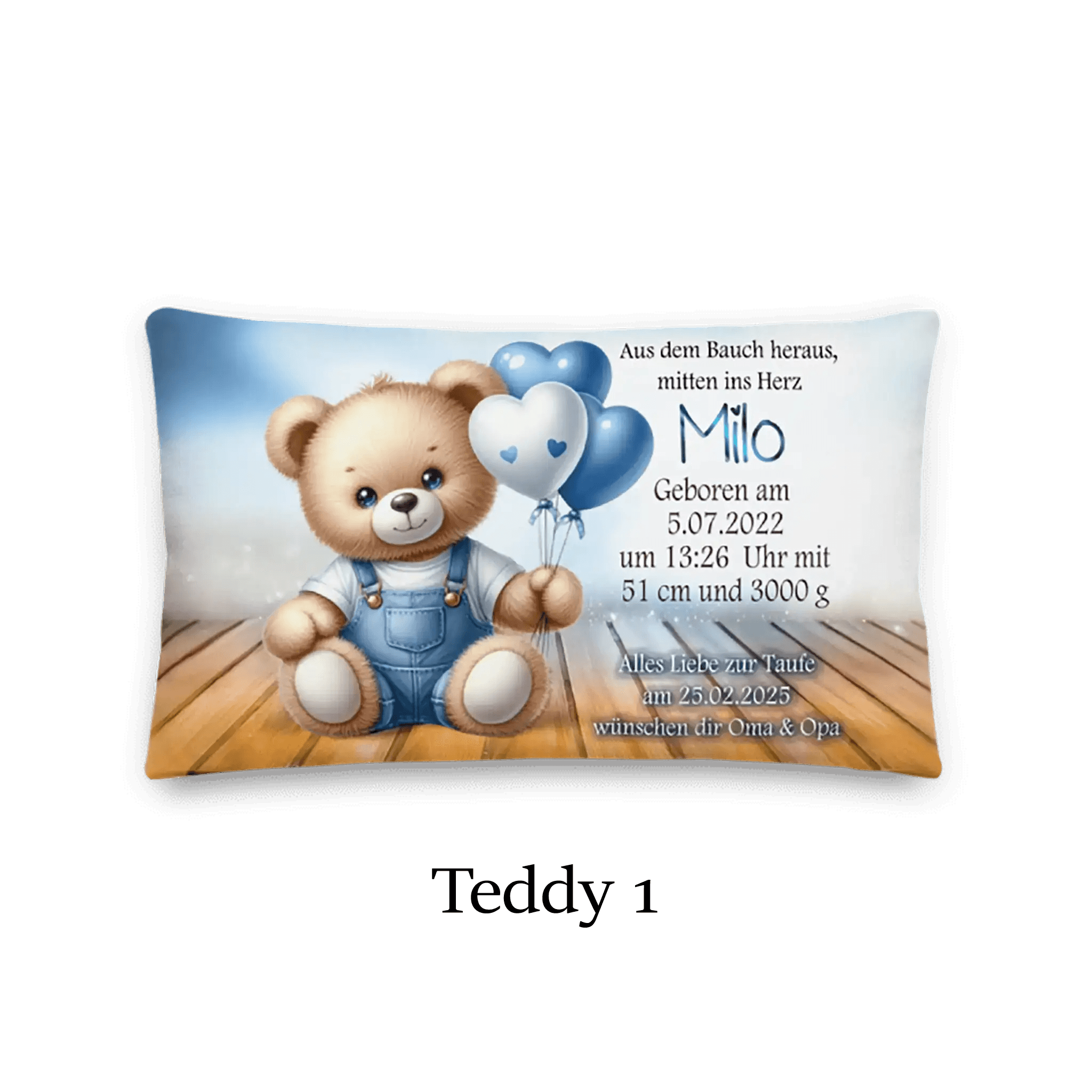 Personalisiertes Babykissen mit Teddy in Latzhose, Herzballons und Geburtsdaten, Taufe Geschenk