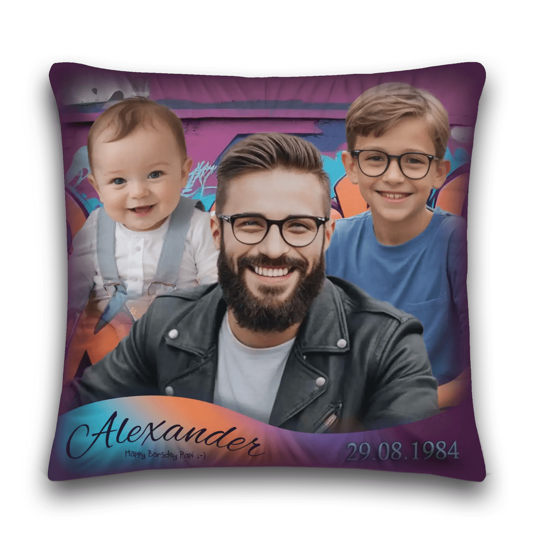 Personalisierte Vatertags-Kissen mit Familienfoto, Name Alexander, Datum 29.08.1984, bunte Gestaltung