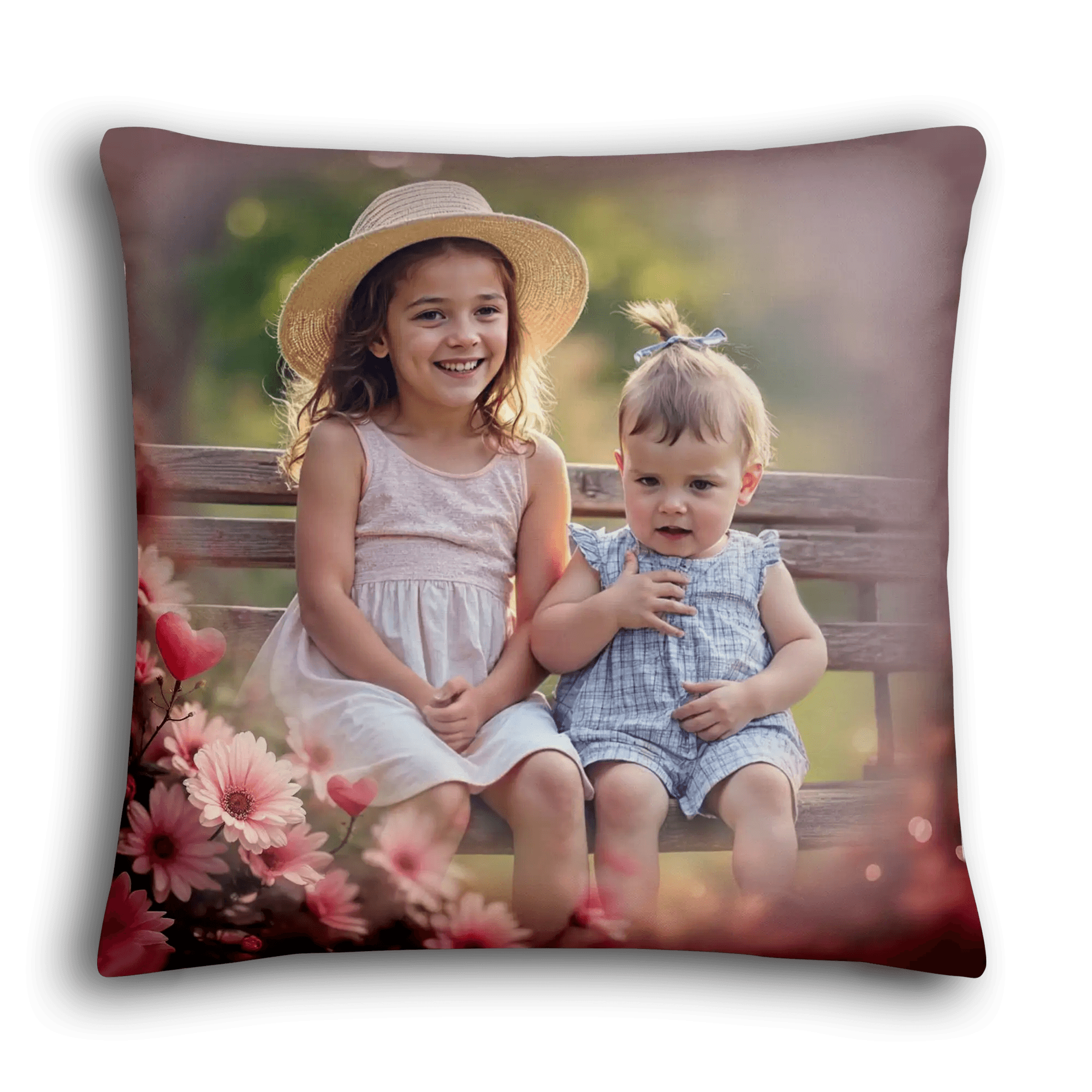 Kissen mit Foto von zwei Kindern auf Bank, Blumen und Herzen, Geschenk Muttertag