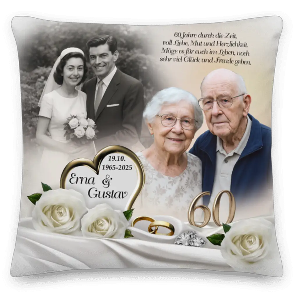 Erinnerungskissen zur Diamanthochzeit mit Spruch und Bild