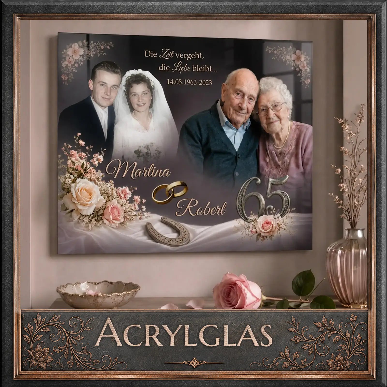Individuelles Acrylglas mit Hochzeitsfoto & 65-Jahre-Jubiläum für Martina & Robert – romantische Fotogeschenke mit Herz