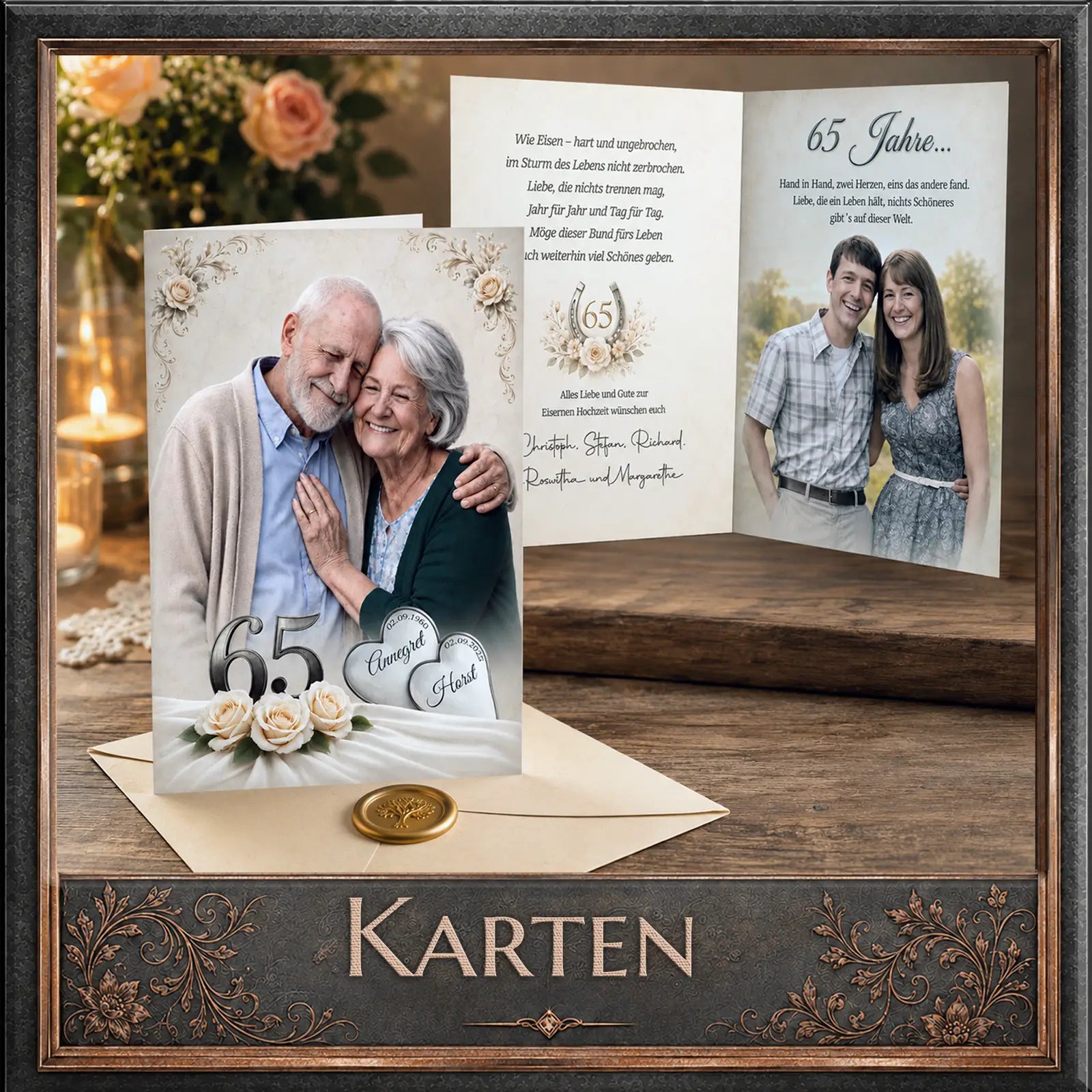 Persönliche Karte zum 65. Hochzeitstag mit Foto, Rosen & Wunschtext – individuelles Fotogeschenk mit Herz