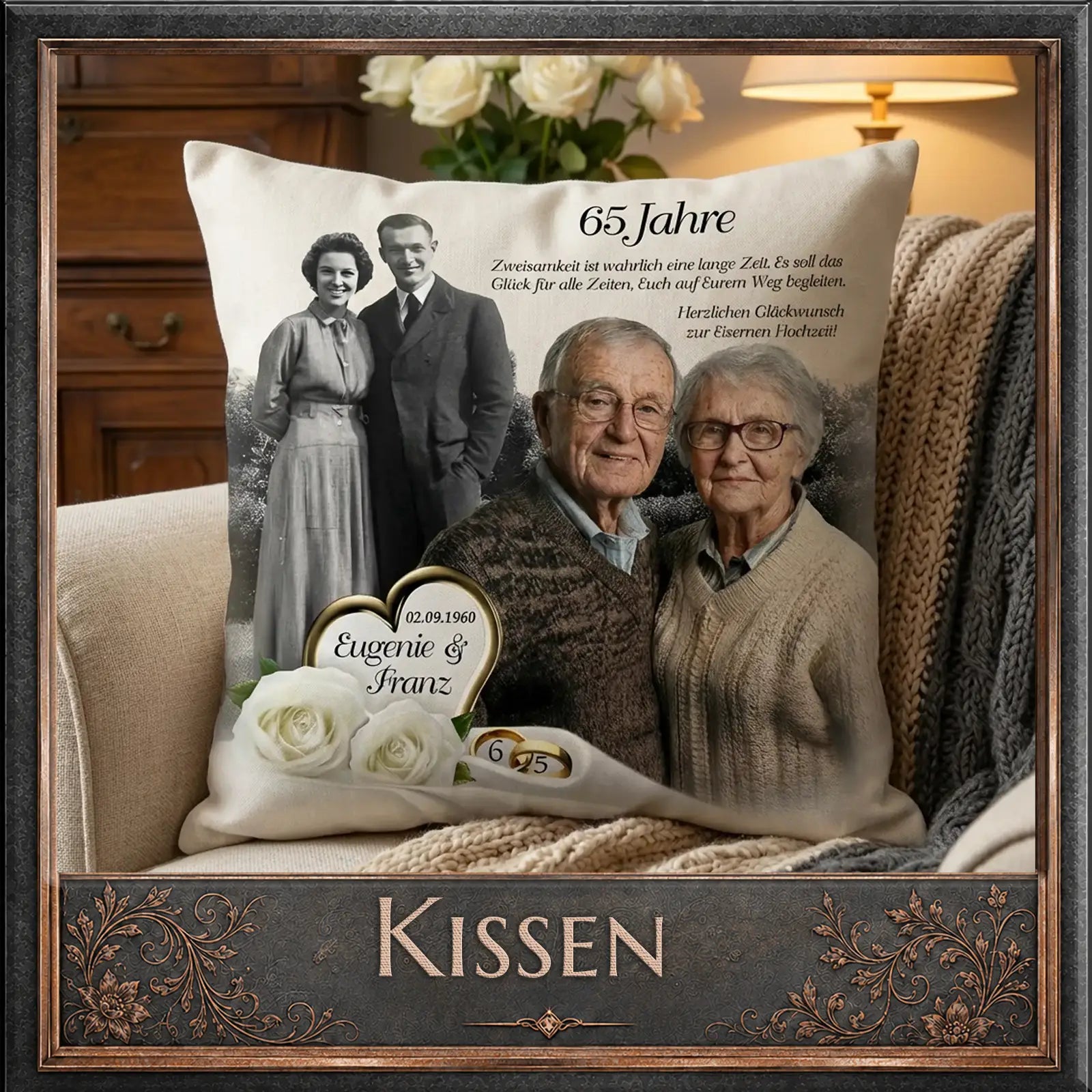Persönliches Kissen zur Eisernen Hochzeit mit Foto, Namen & Datum – 65 Jahre Liebe