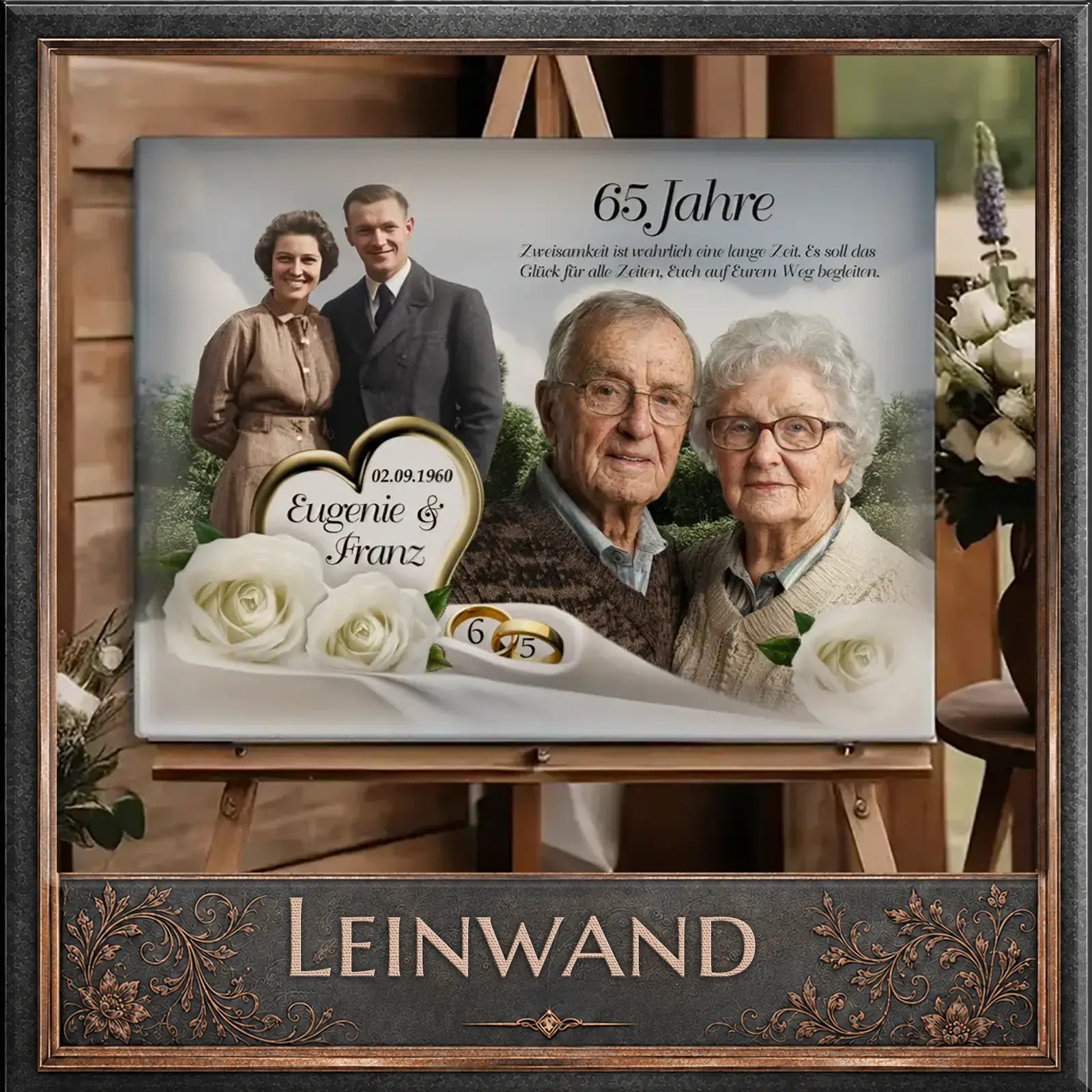 Leinwand mit 65. Hochzeitstag Geschenk für Ehepaar Eugenie & Franz, personalisiert mit Foto und weißen Rosen