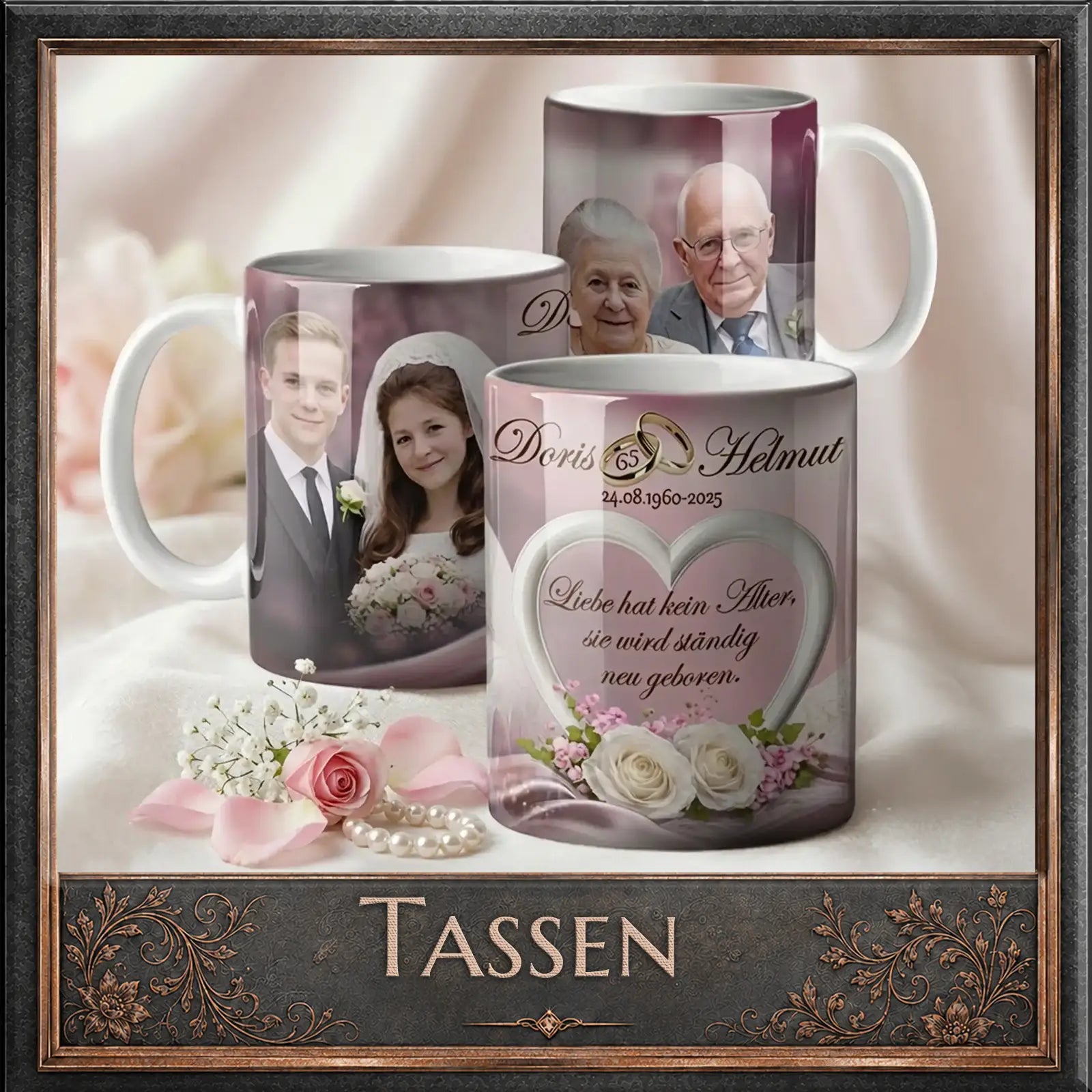 Personalisierte Tassen mit Hochzeitsfotos und Liebeszitat für besondere Anlässe