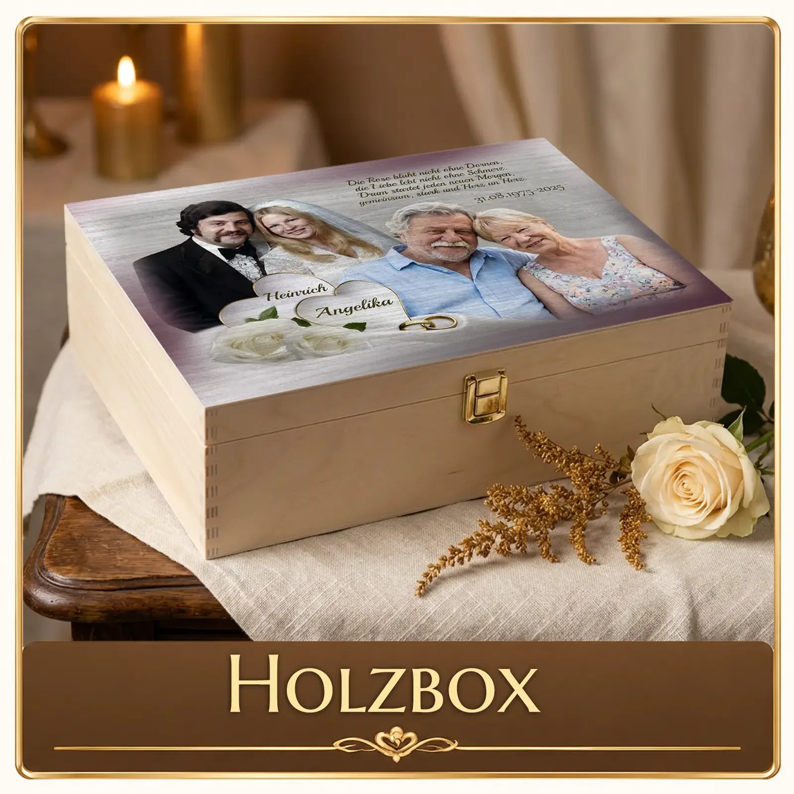 Personalisierte Holzbox mit Hochzeitsfoto, Namen und Datum – einzigartiges Fotogeschenk mit Herz