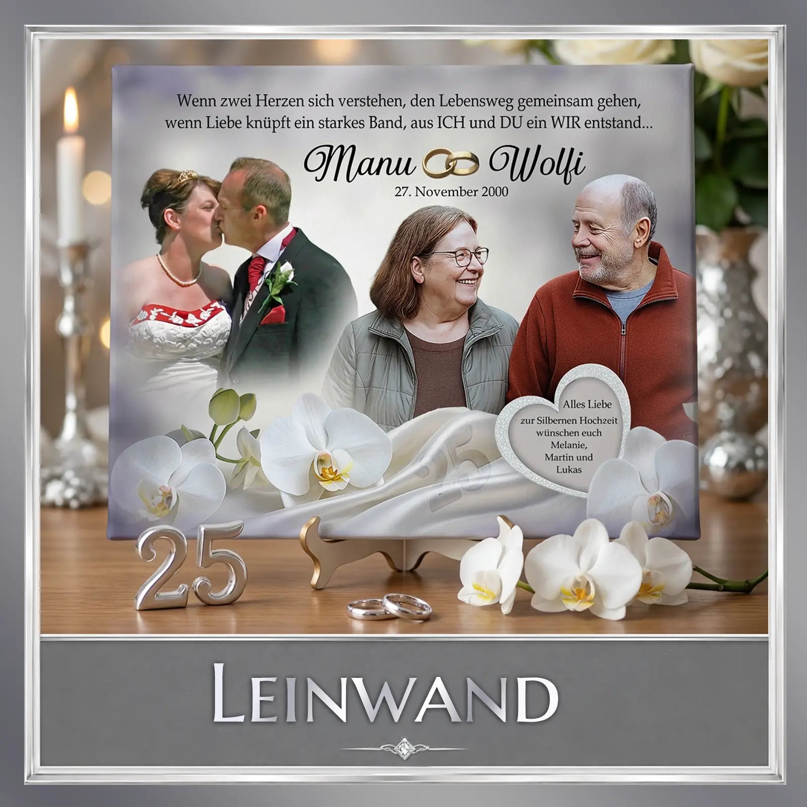 Personalisierte Leinwand zum 25. Hochzeitstag mit Brautpaar, Ehepaar, Orchideen und Herzgruß – einzigartiges Fotogeschenk mit Herz