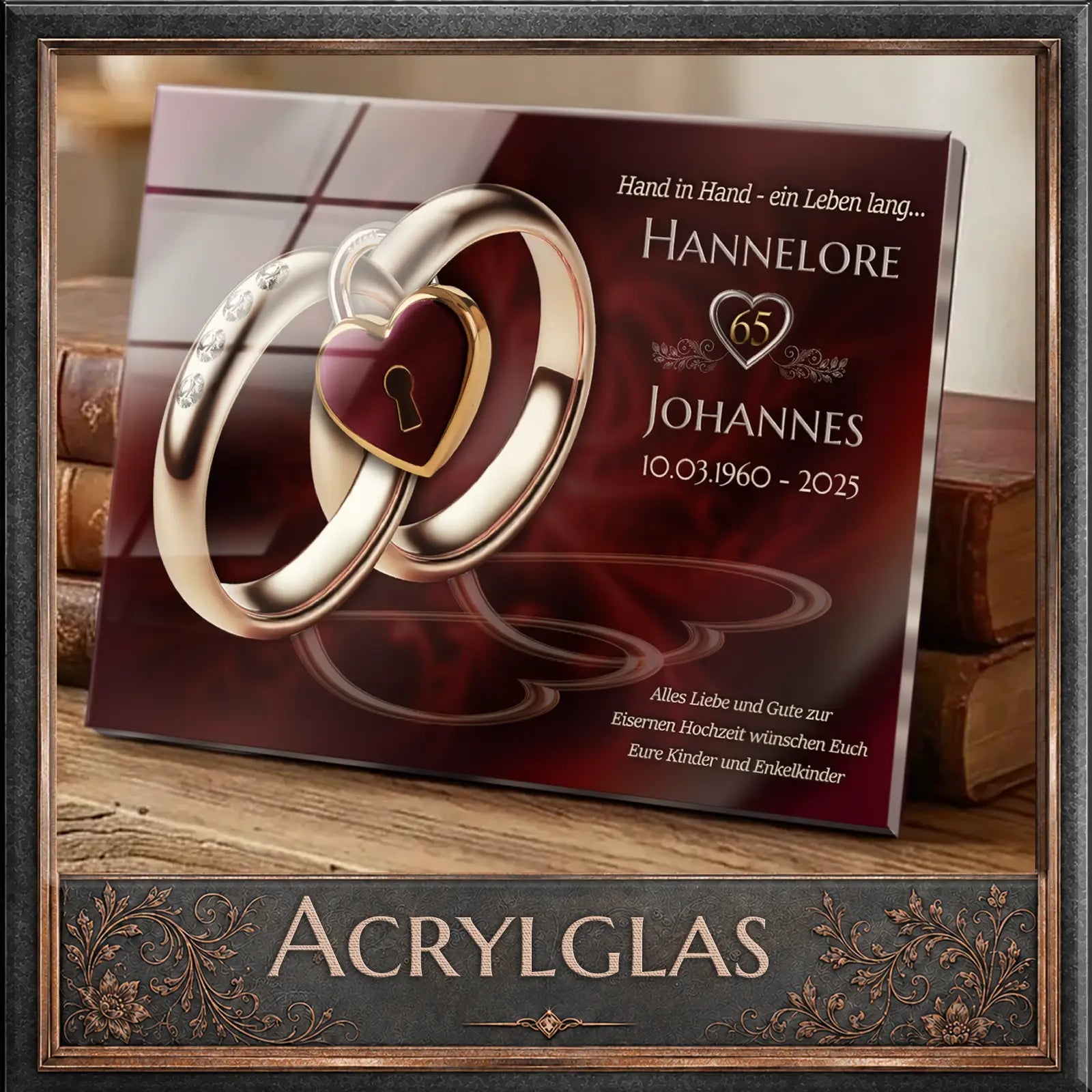 Personalisiertes Acrylglas mit Eheringen und Herz für die Eiserne Hochzeit – individuelles Fotogeschenk mit Namen und Datum