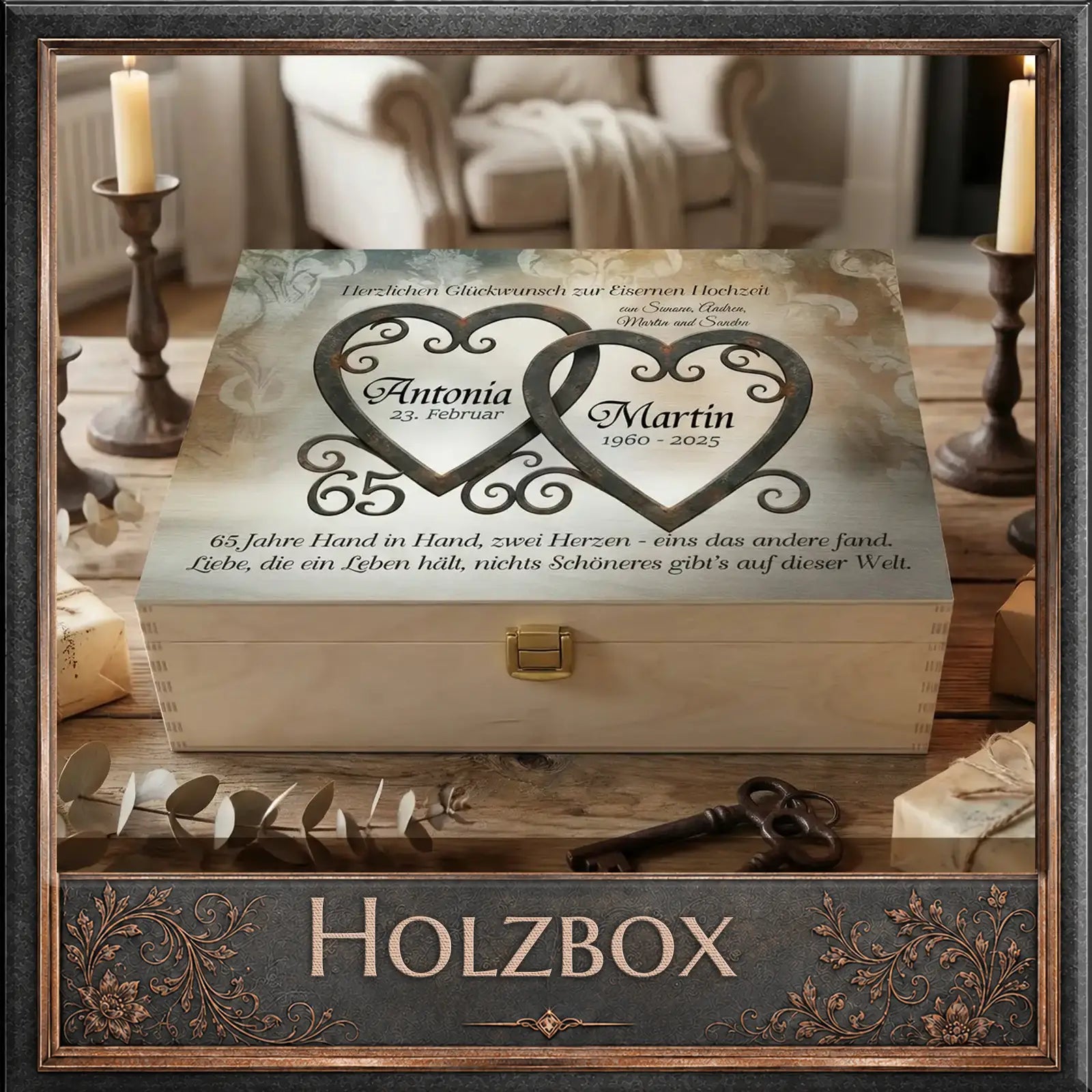 Personalisierte Holzbox zur Ehesilberhochzeit mit Namen, Herzen und 65 Jahren Liebe – einzigartiges Fotogeschenk