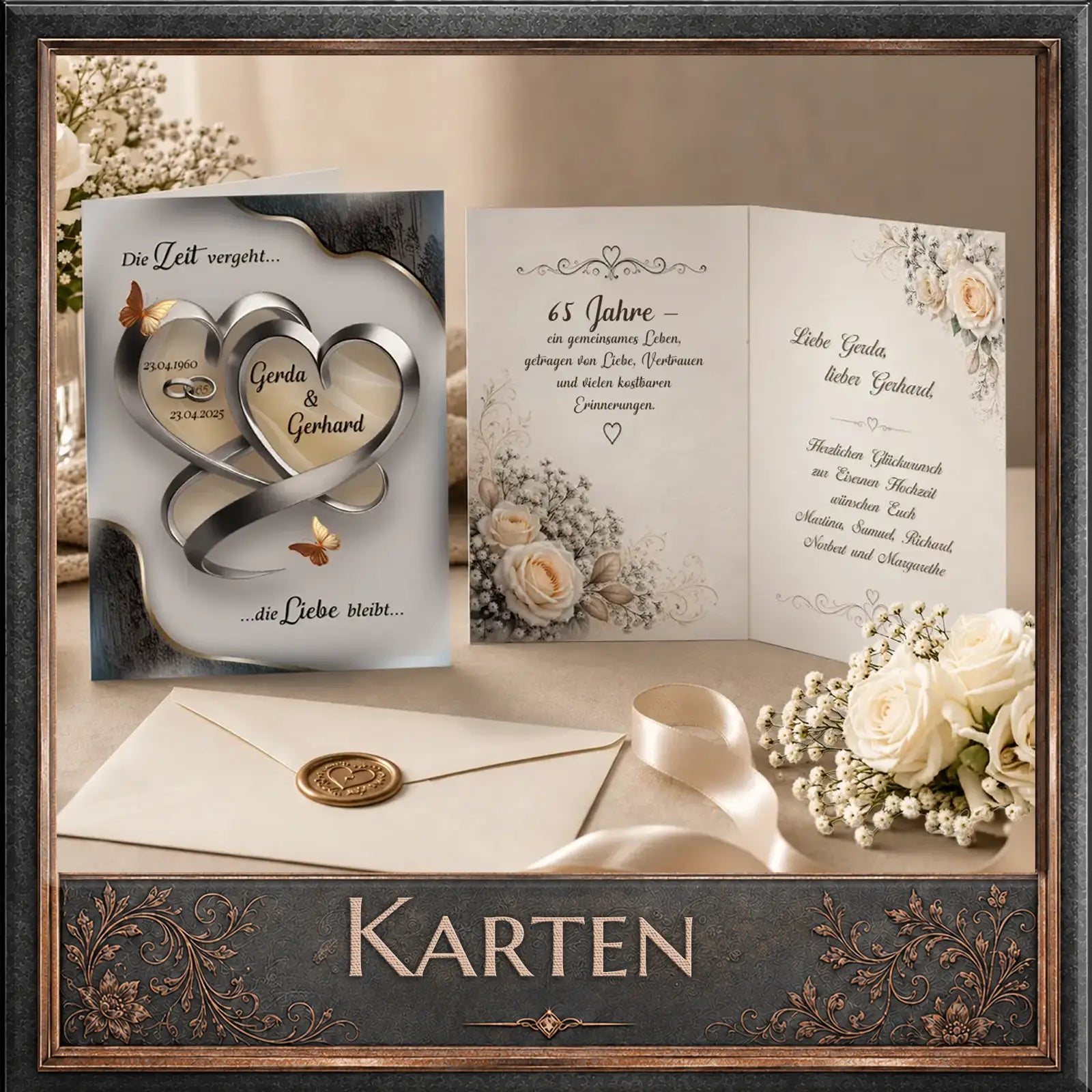 Elegante Karte zur goldenen Hochzeit mit Herzen, Namen & Blumen – personalisiertes Fotogeschenk mit Liebe
