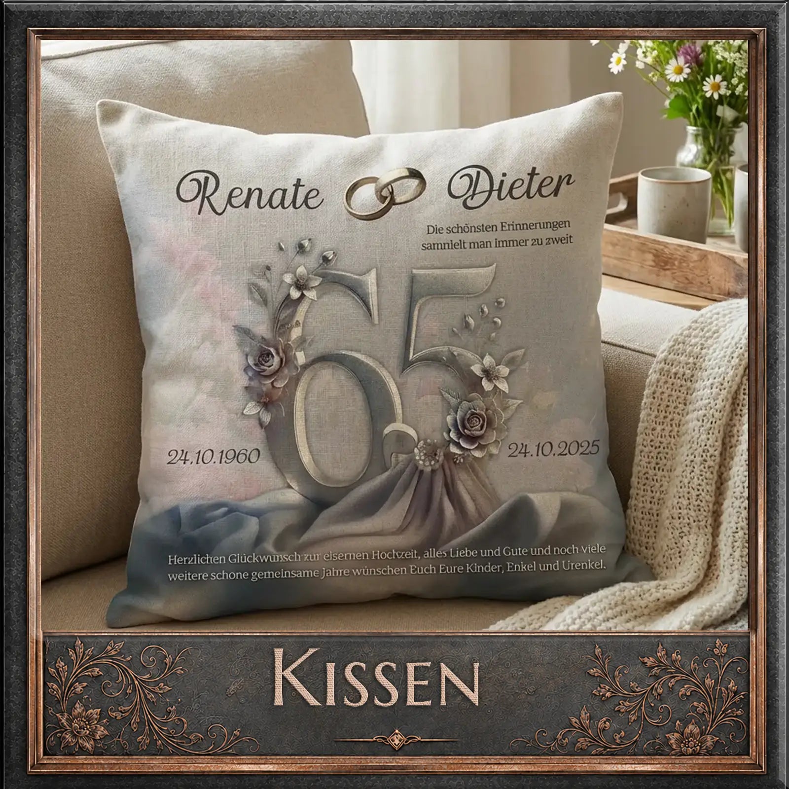 Persönliches Kissen zum 65. Hochzeitstag mit Namen, Datum und Blumendekor – einzigartiges Fotogeschenk mit Herz