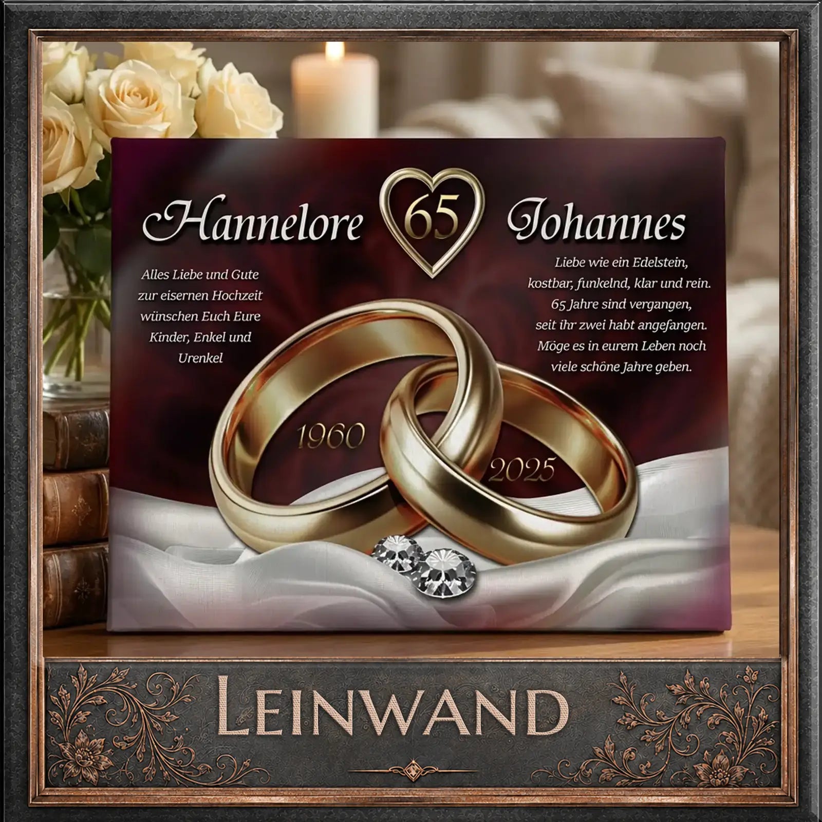 Personalisierte Leinwand zum 65. Hochzeitstag mit Eheringen, Namen und Datum – einzigartiges Fotogeschenk mit Herz