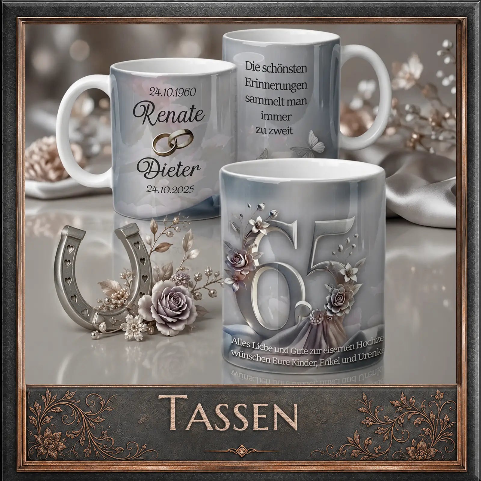 Persönliche Tassen zum 65. Hochzeitstag mit Namen, Datum und floralen Motiven – individuelle Fotogeschenke mit Herz