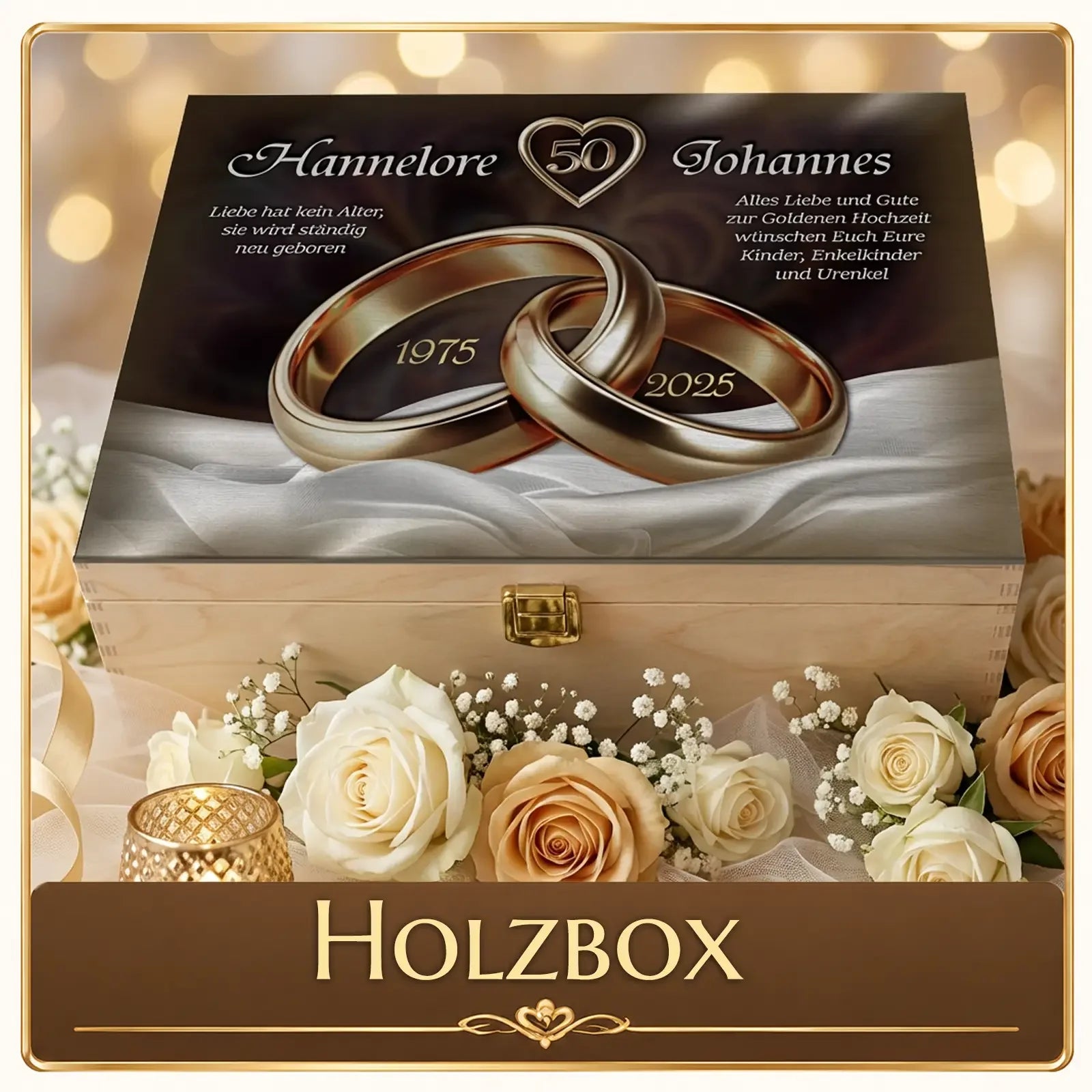 Personalisierte Holzbox zur Goldenen Hochzeit mit Namen, Eheringen und Blumen – einzigartiges Fotogeschenk mit Herz