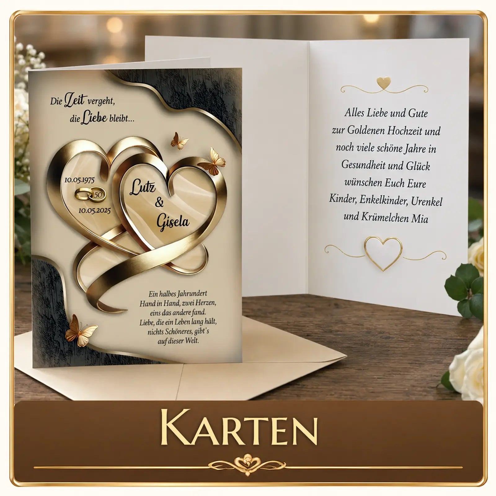 Goldene Hochzeit Karte mit Herzen & Schmetterlingen für Lutz & Gisela – persönliches Jubiläumsgeschenk