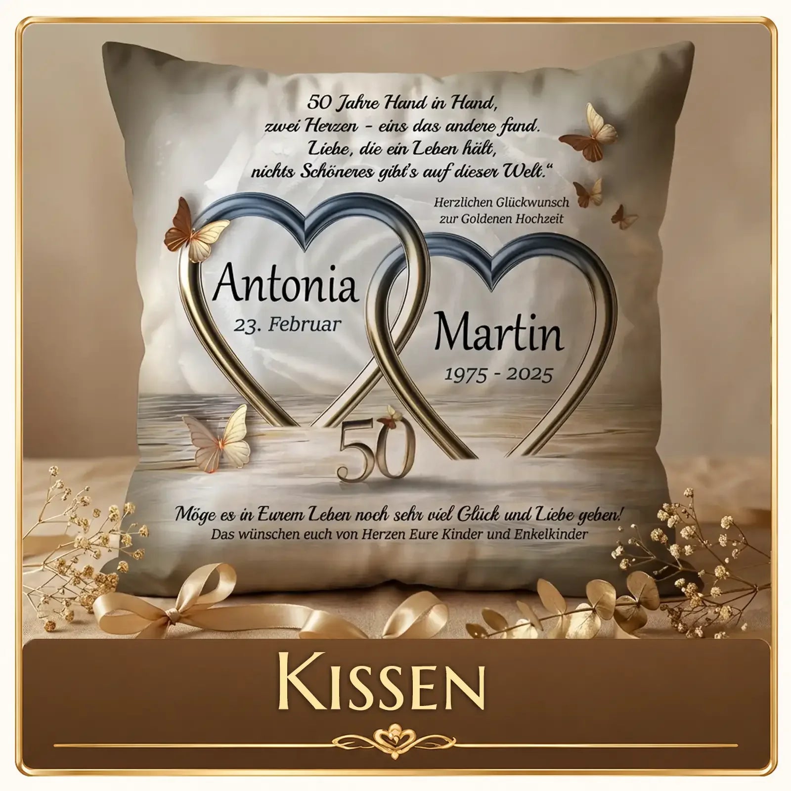 Persönliches Kissen zur Goldenen Hochzeit mit Herzen, Namen und 50-Jahre-Design – idealer Geschenk für Paare