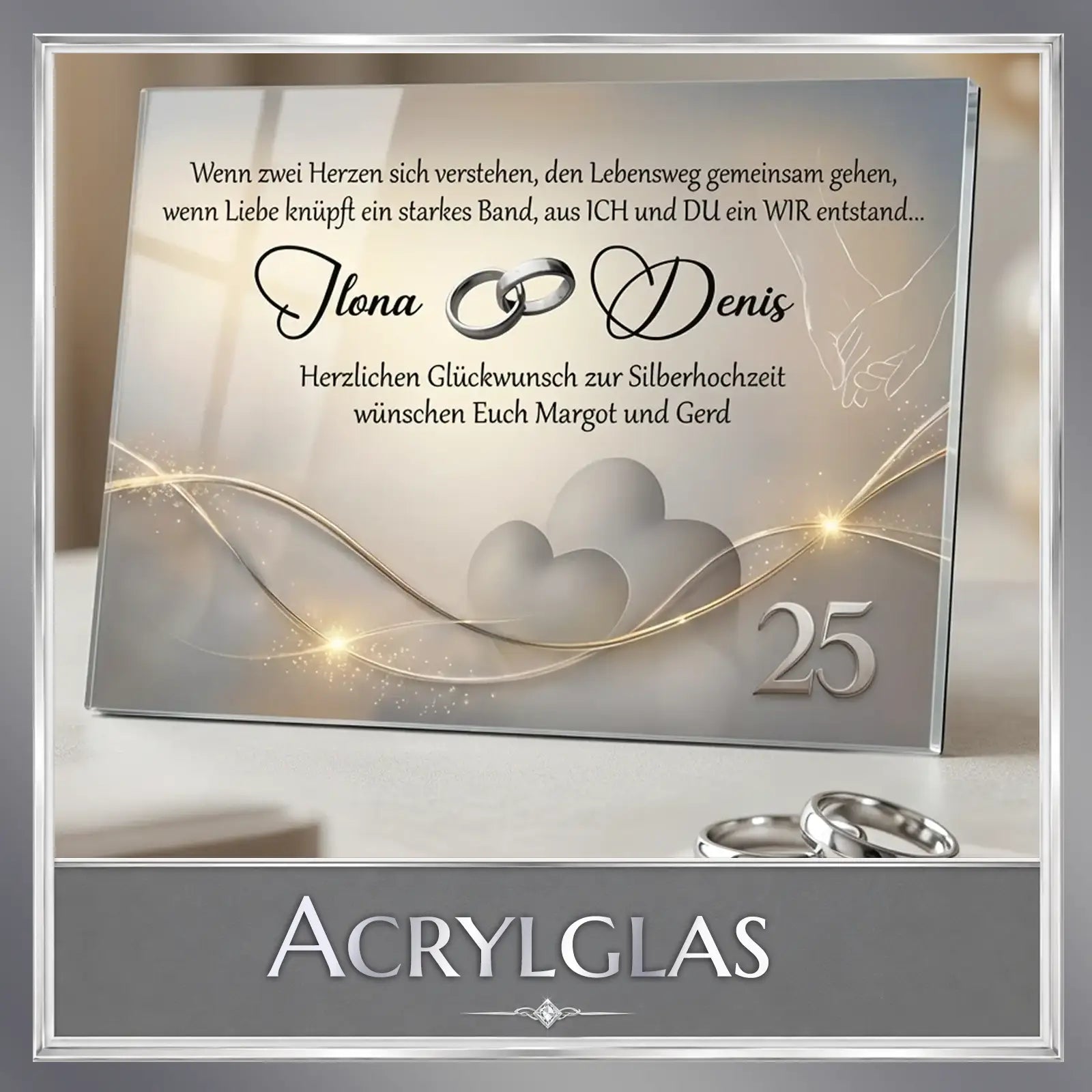 Persönliches Acrylglas zur Silberhochzeit mit Namen, Ringen und Herz-Motiv – individuelles Fotogeschenk mit Wunschtext