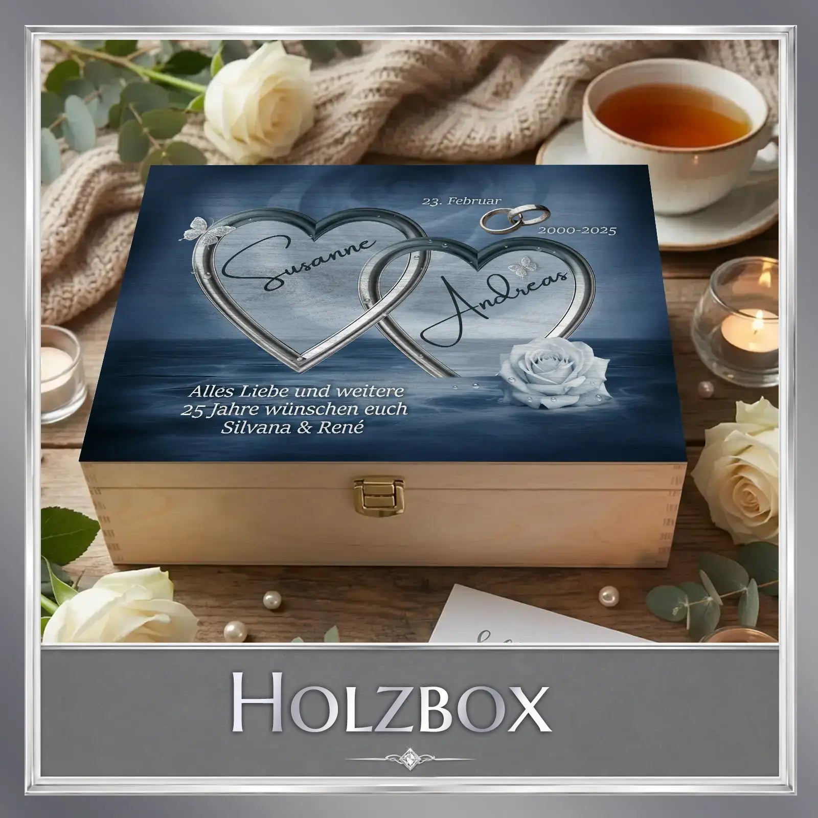 Persönliche Holzbox mit Herz-Motiv, Namen & Hochzeitstext für 25 Jahre Ehe – ideal als Fotogeschenk mit Herz