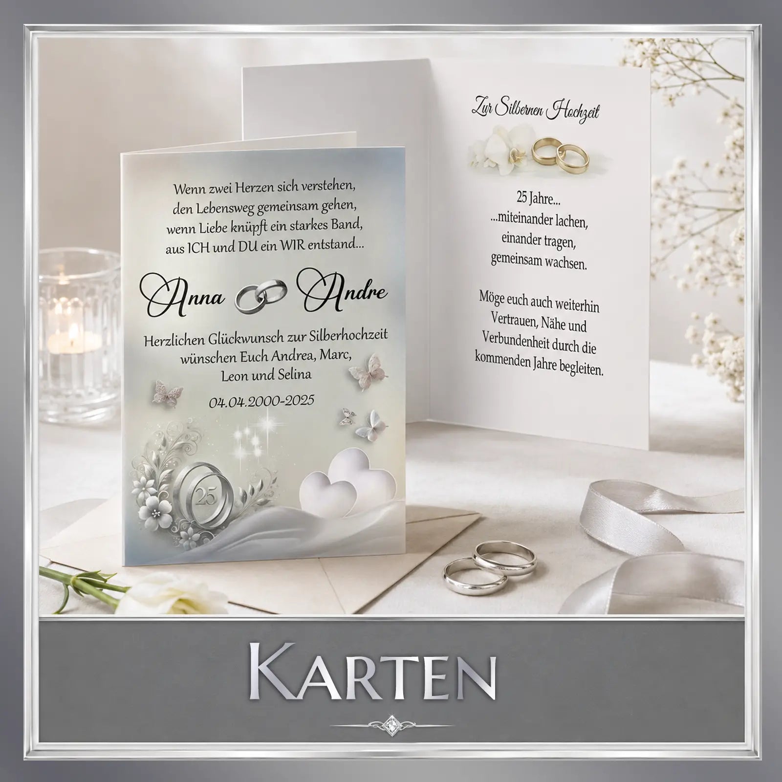 Persönliche Silberhochzeitskarte mit Namen, Datum und Ringen – elegante Fotogeschenke zum 25. Hochzeitstag