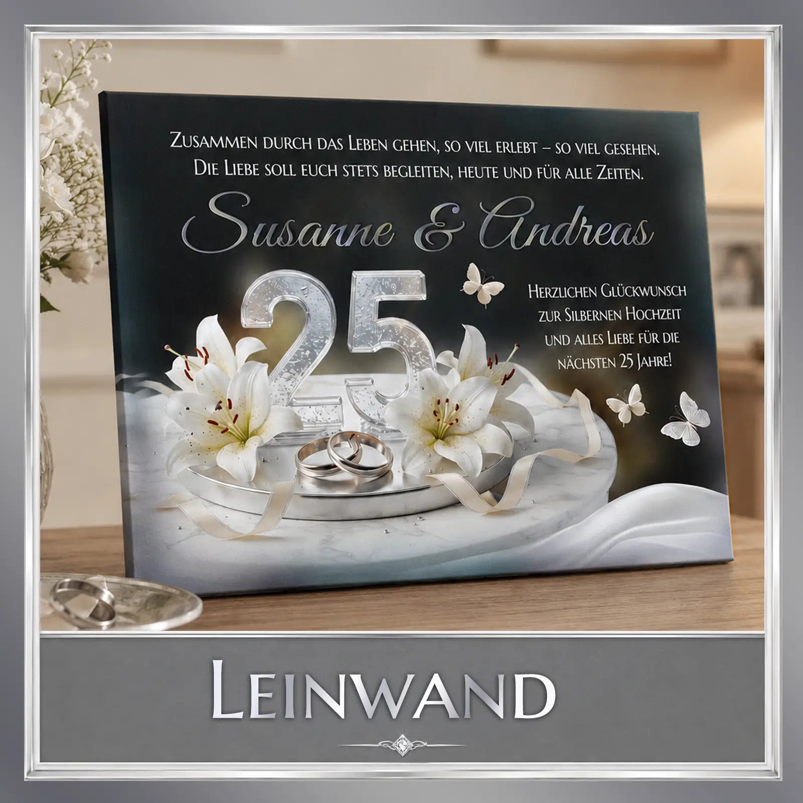 Personalisierte Leinwand zur Silbernen Hochzeit mit Namen, 25 Jahren und weißen Lilien als Fotogeschenk