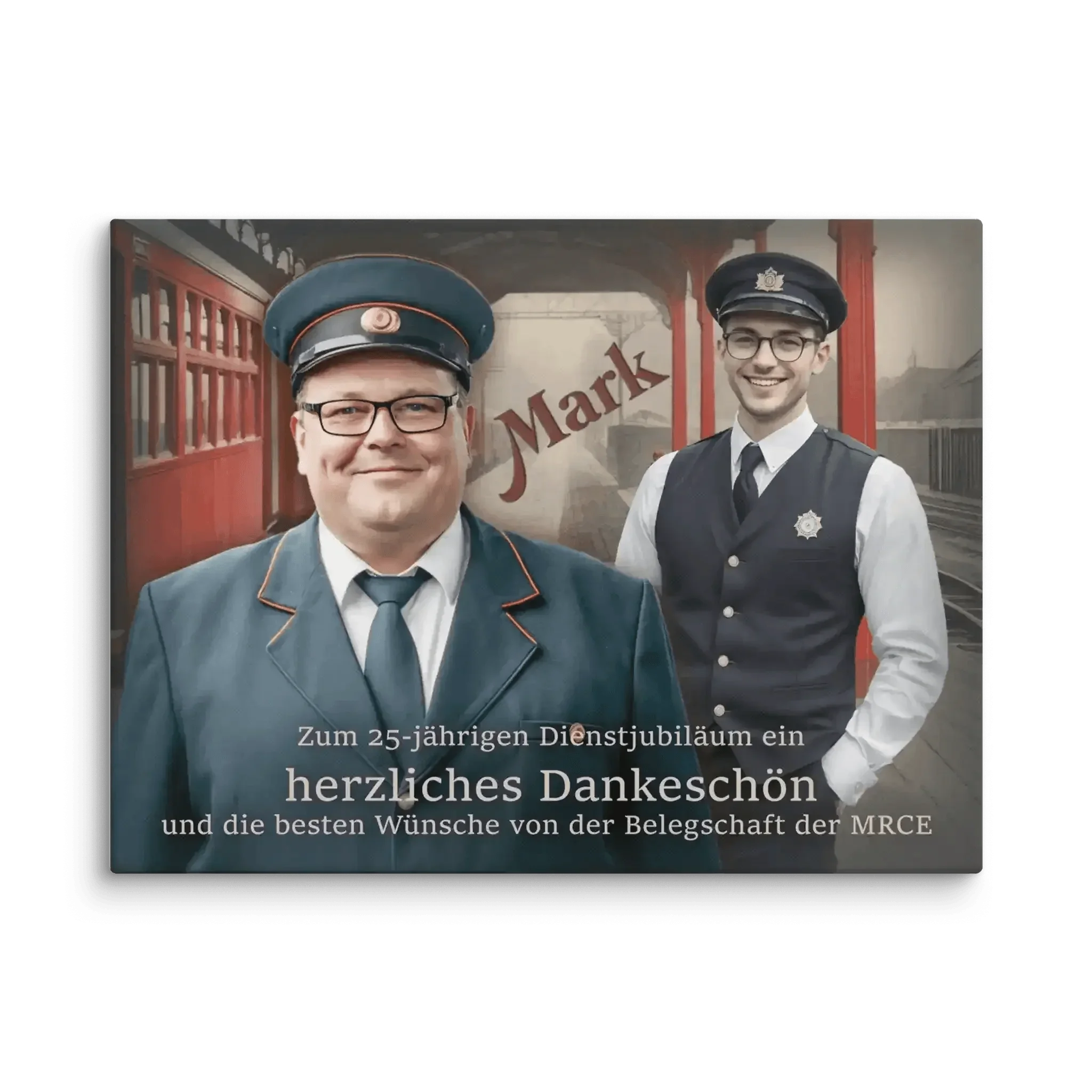 Zwei Bahnmitarbeiter in Uniform am Bahnsteig, Jubiläumsbild mit Dankestext und Mark-Schriftzug