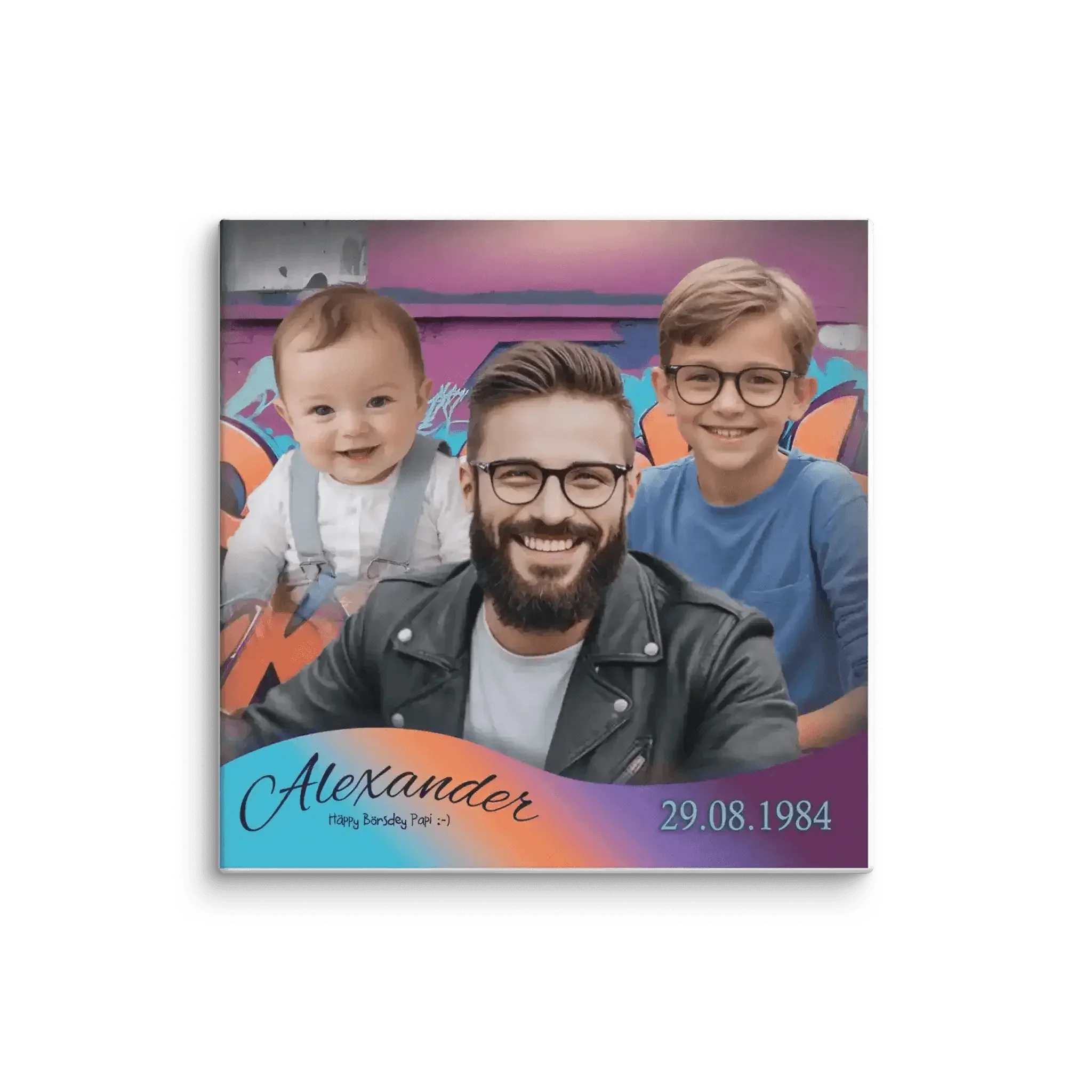 Leinwand Vatertag mit Vater, zwei Kindern, buntem Graffiti-Hintergrund und Datum 29.08.1984