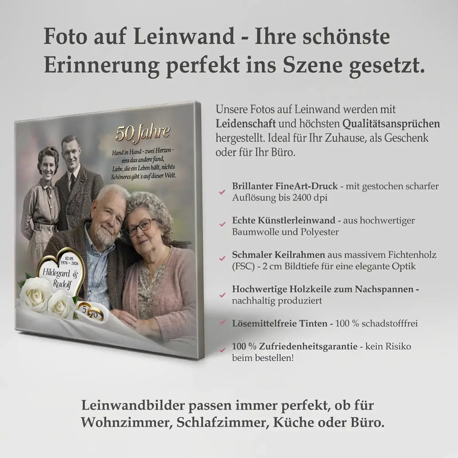 Leinwandbild mit Fotos und Textpassagen auf schmalem Holzrahmen, hochwertiger Fotodruck mit umlaufendem Motiv