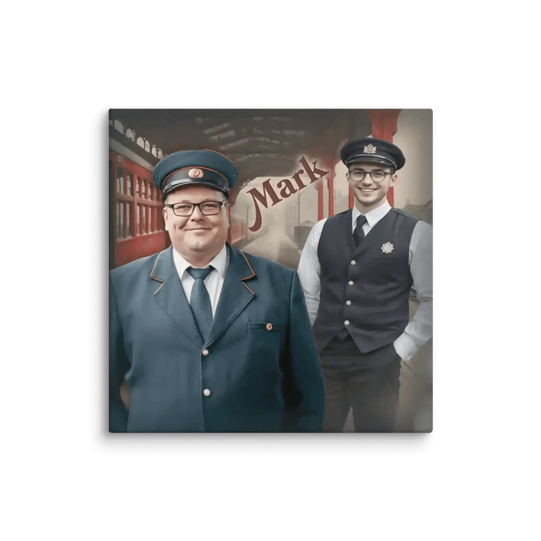 Leinwand Eisenbahner Dienstjahre, zwei Männer in Uniform vor Zug und Bahnhof, Name Mark