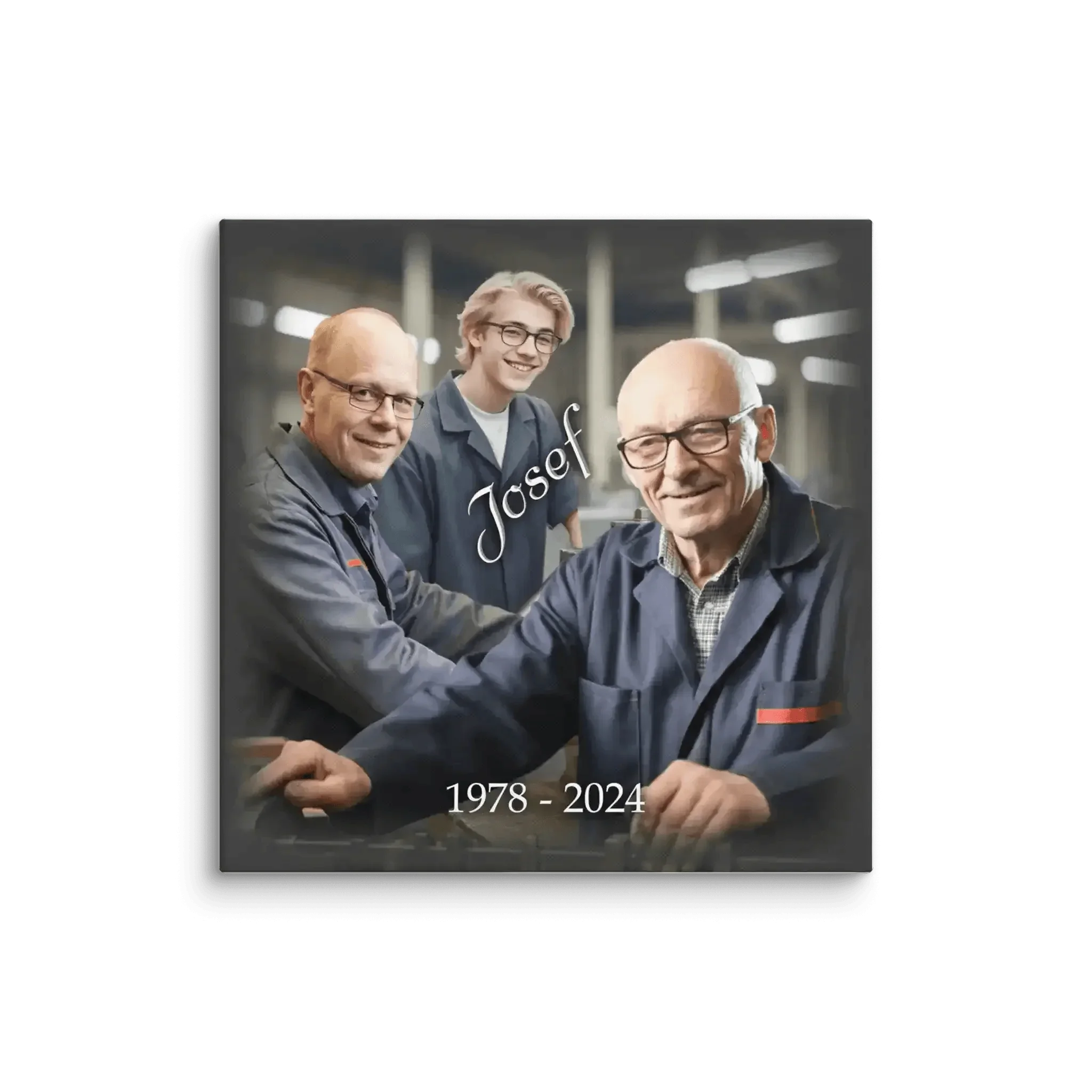 Personalisierte Leinwand für Dienstjubiläum, drei Männer in Arbeitskleidung, Name Josef, 1978-2024
