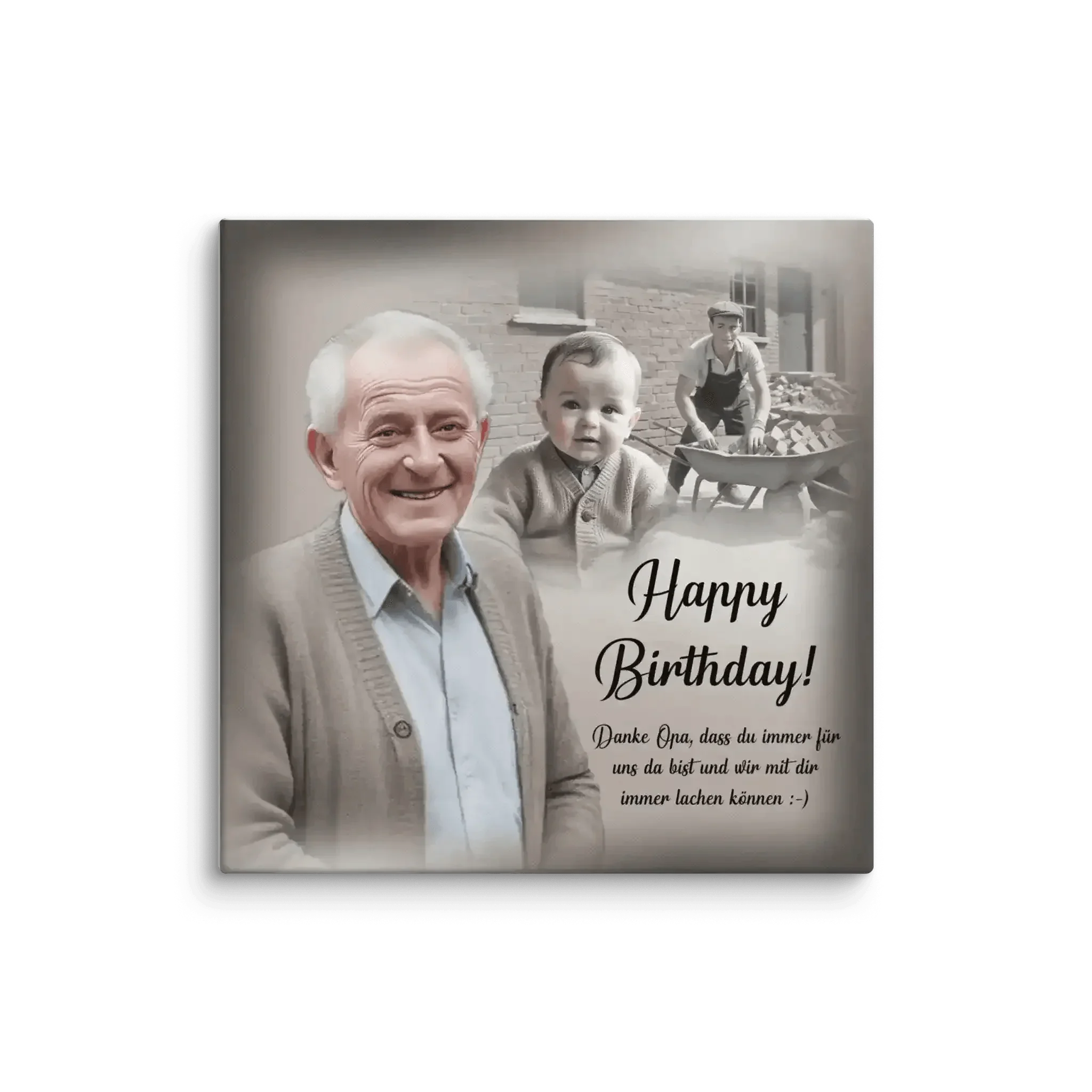 Leinwand zum Geburtstag für Opa mit Porträt, Kinderfoto und Text Happy Birthday in Deutsch