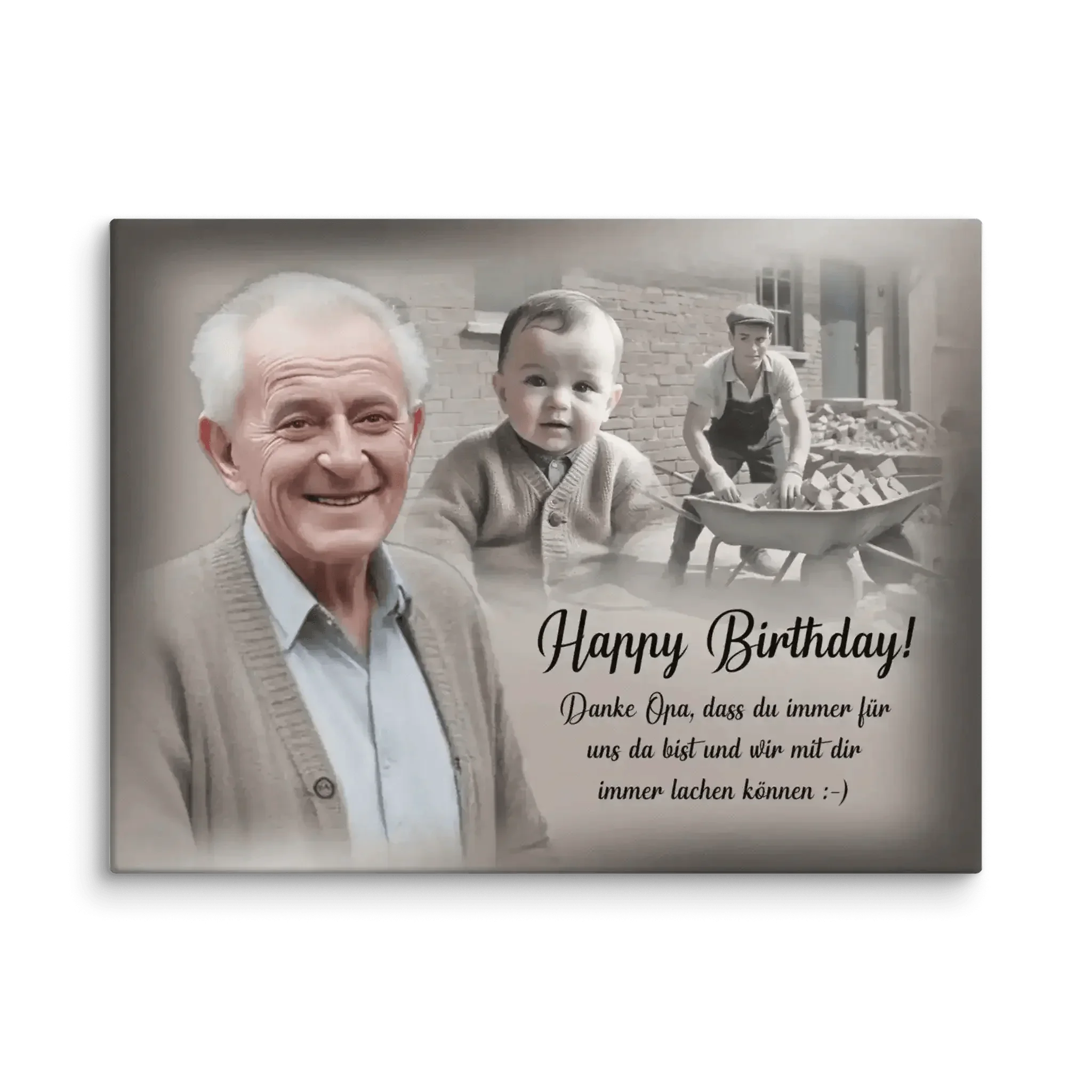 Personalisierte Leinwand zum Geburtstag für Opa mit Fotos von Opa, Kind und Handwerker, Textbotschaft